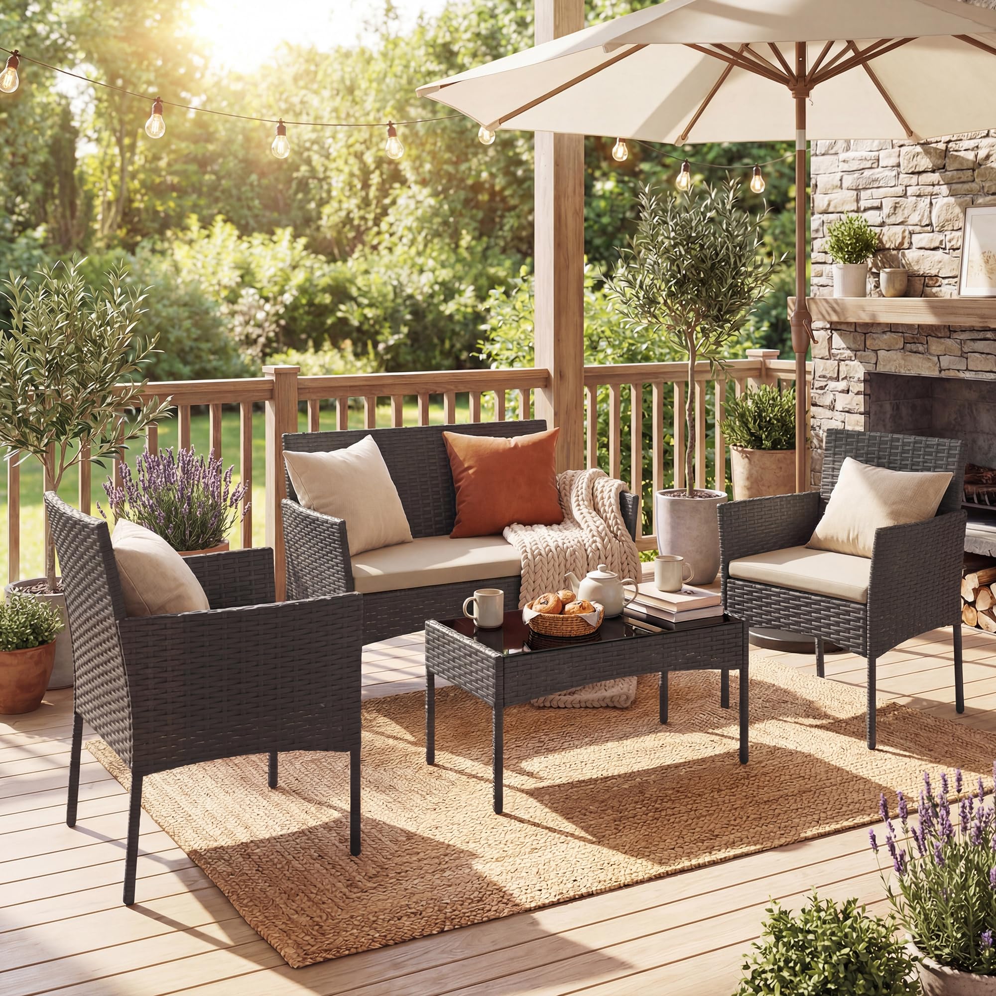 GIANTEX Juego de Muebles de Jardín de 4 Piezas, Conjunto de Conversación de Ratán PE Exterior con 2 Sillones, Sofá de 2 Plazas, Mesa de Vidrio Templado y Cojines, para Terraza Patio Piscina (Beige)