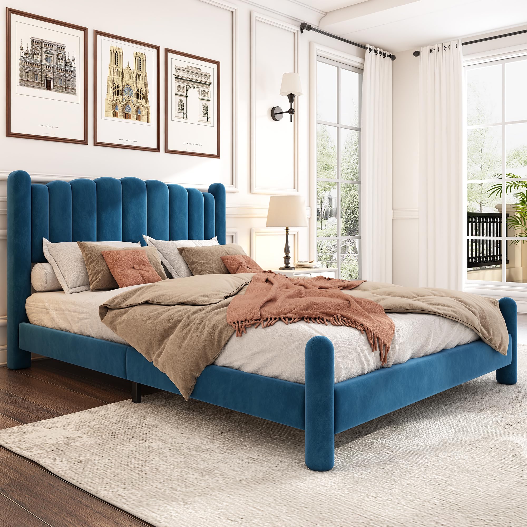 Letto imbottito 140 x 200 cm, con rete a doghe e testiera, elegante testiera a ventaglio, gambe di supporto cilindrice, blu