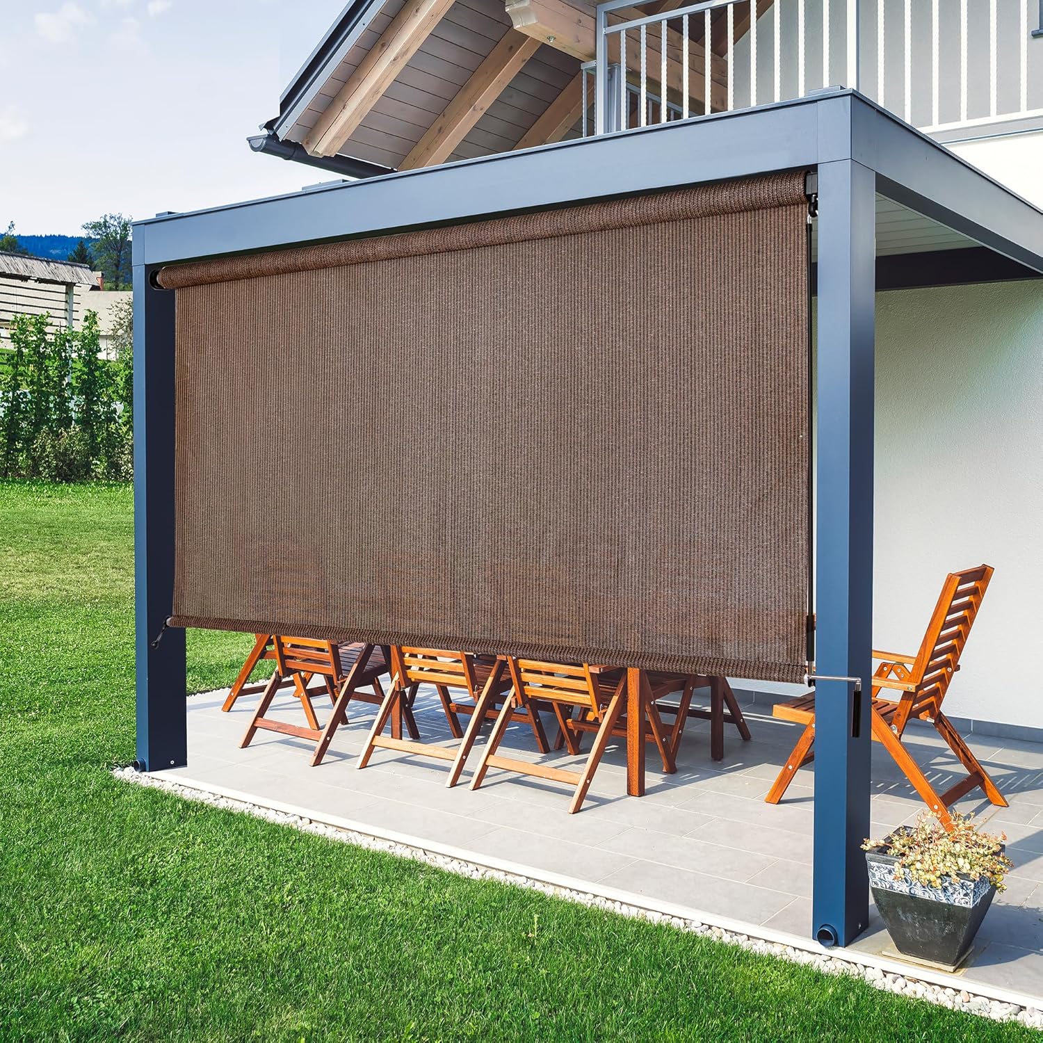 MEOOEM Outdoor Roller Shade 8'W x 8'H, Cordless Patio Shades Roll Up Blinds, 95% UV Block Privacy Sun Shade 200GSM HDPE for Pergola Gazebo Porch Deck, Mocha