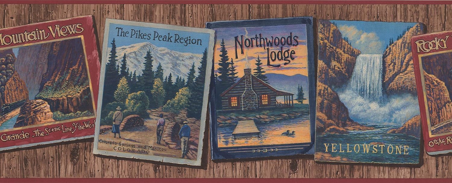 Famous Nature Places on Cards Hanging on Brown Wall Rustic Wallpaper Border Retro Design, Roll 15' x 9.5''