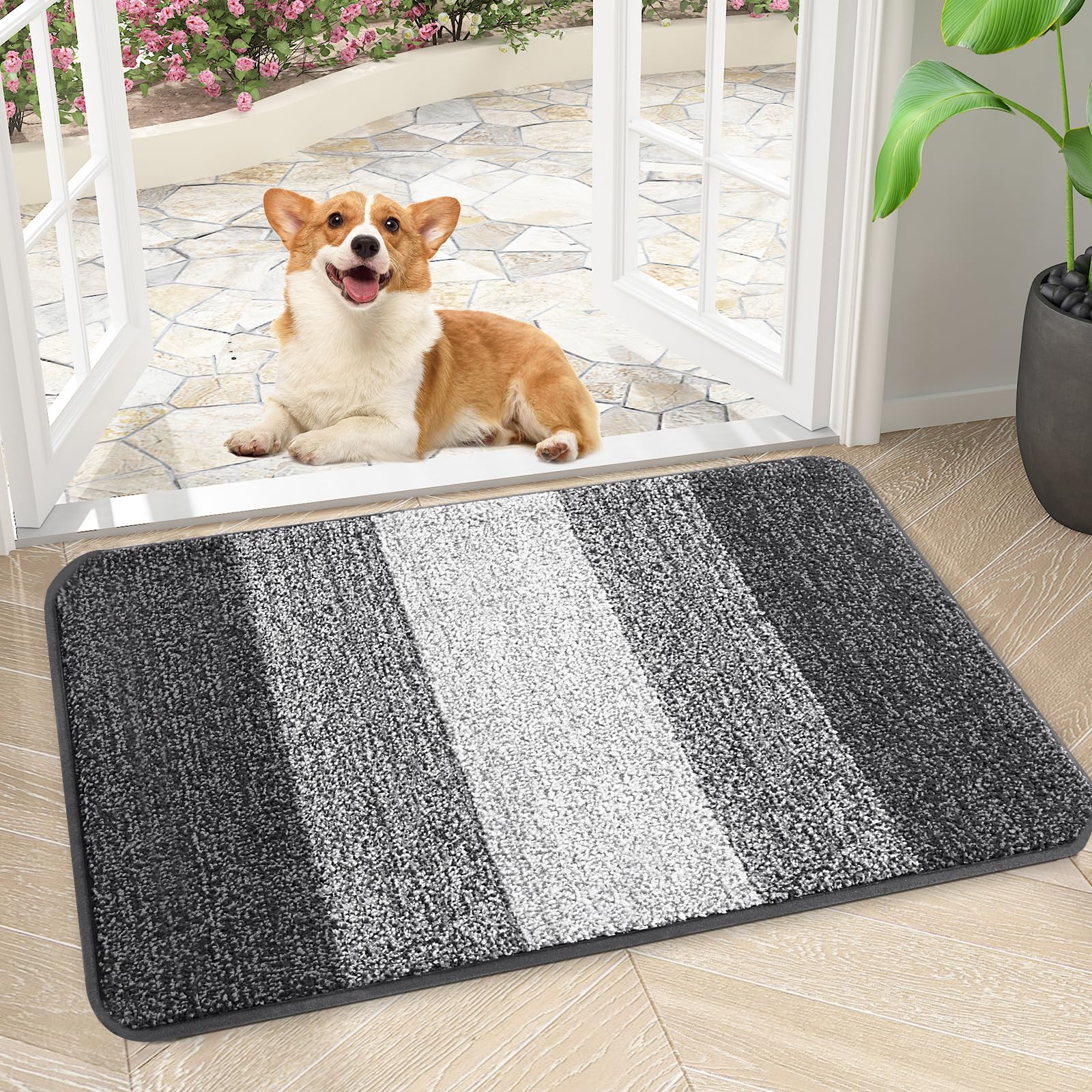 Kitinjoy Indoor Outdoor Door Mat, 24x16 Non-Slip Absorbent Dirt Trapper, Low-Profile Washable Inside Entrance Front Floor Mat, Sturdy Soft Entry