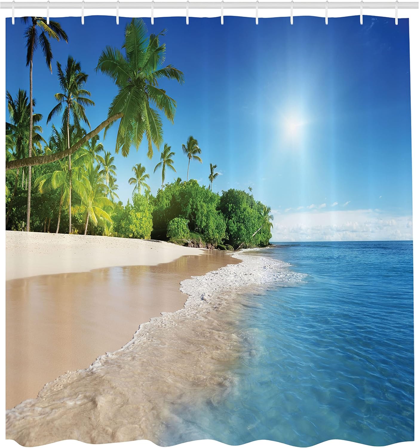 Ambesonne Tropic Shower Curtain, Ocean Tropical Palm Trees on Sunny Island Beach Scene Panoramic View Picture, Cloth Fabric Bathroom Decor Set with Hooks, 69" W x 70" L, White Green Blue