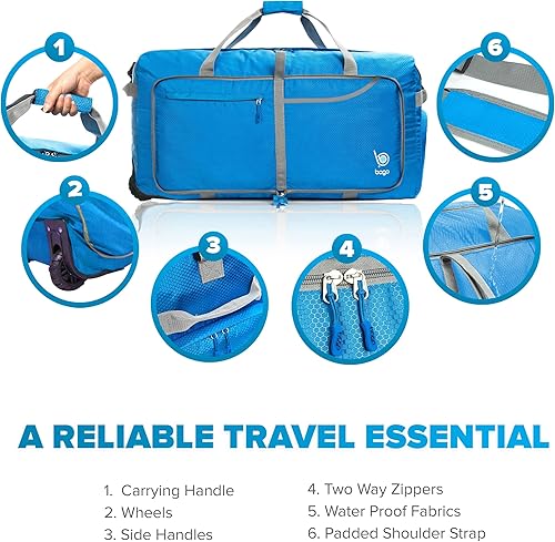 Vista 6 de Bago Bolsa de lona con ruedas - Bolsa de lona plegable de 27 pulgadas de 80 litros, bolsa de viaje impermeable, bolsa de lona ligera resistente