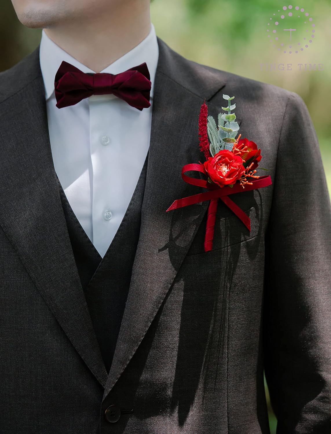 TingeTime Boutonniere for Men Wedding,Groom and Best Man Boutonniere for Wedding Ceremony Anniversary, Formal Dinner Party and Rustic Spring Wedding Marriage (6, Deep Red)