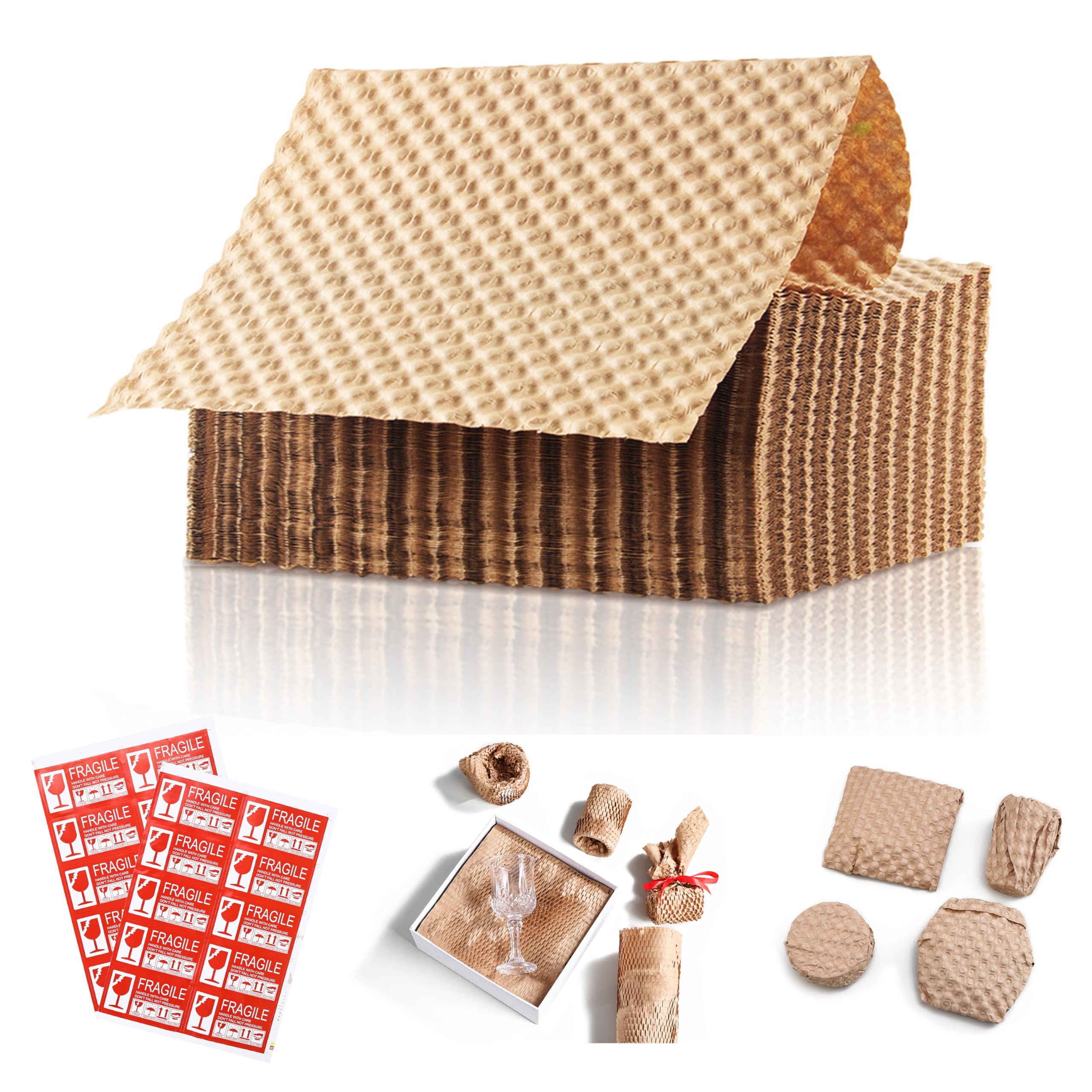XKDOUS 15" x 300' Honeycomb Packing Paper, Packaging Supplies Materials for Fragile Items, Bubble Wrap for Moving Shipping Supplies, Package Filler for Dish, Glassware, 20 Fragile Sticker Included