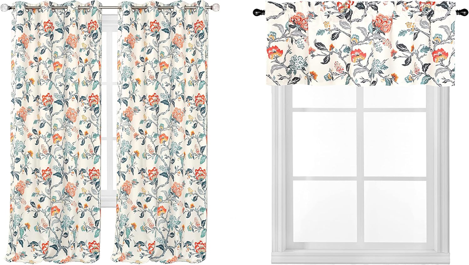 DriftAway Ada Floral Botanical Leaf Lined Blackout Grommet Window Curtains 2 Panels Each 52 Inch by 84 Inch Ivory Orange Teal Bundle with Ada Single Rod Pocket Window Valance 52 Inch by 18 Inch