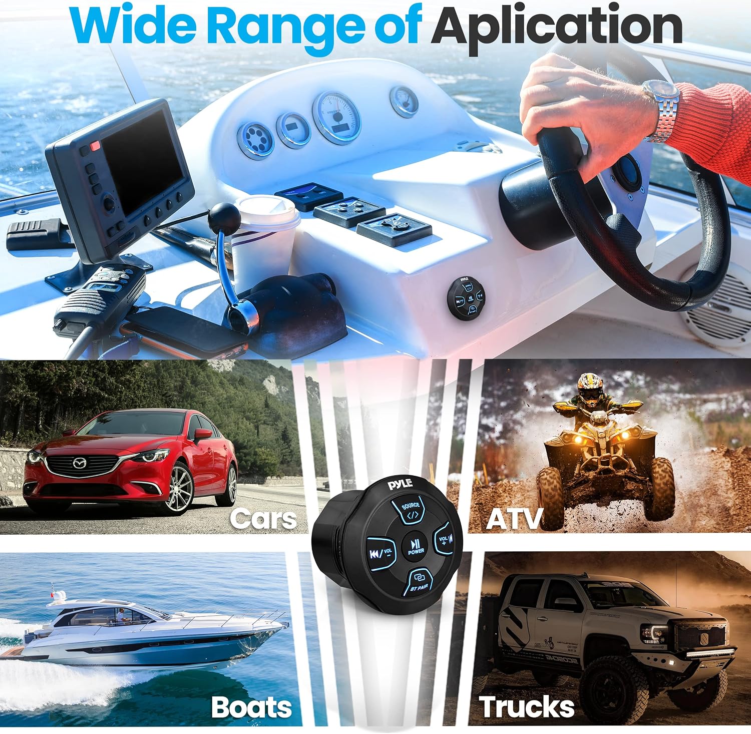 Pyle Amplified Wireless Bluetooth Audio Controller - 300 Watt Bluetooth Media Button, Waterproof Marine Receiver Remote Control W/Aux, Mount for Car Truck Boat Marine Powersport Vehicles - PLMRBT18