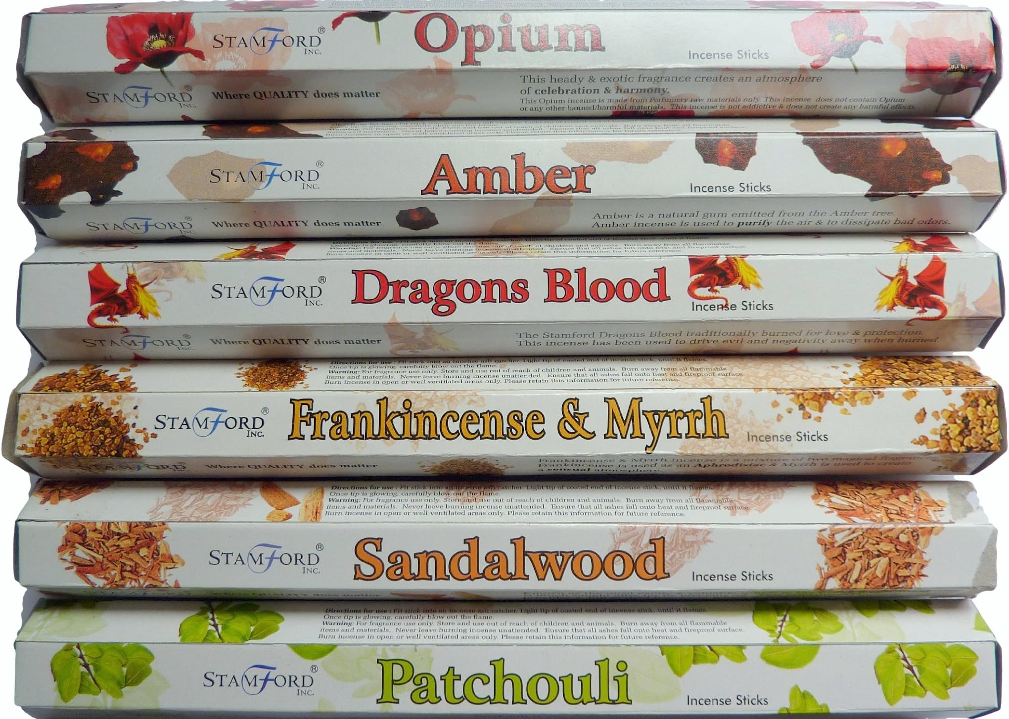 Stamford Premium Hex Range Incense Sticks - Opium, Amber, Dragons Blood, Frankincense & Myrrh, Sandalwood & Patchouli 20 Sticks Per Fragrance (120 Sticks)