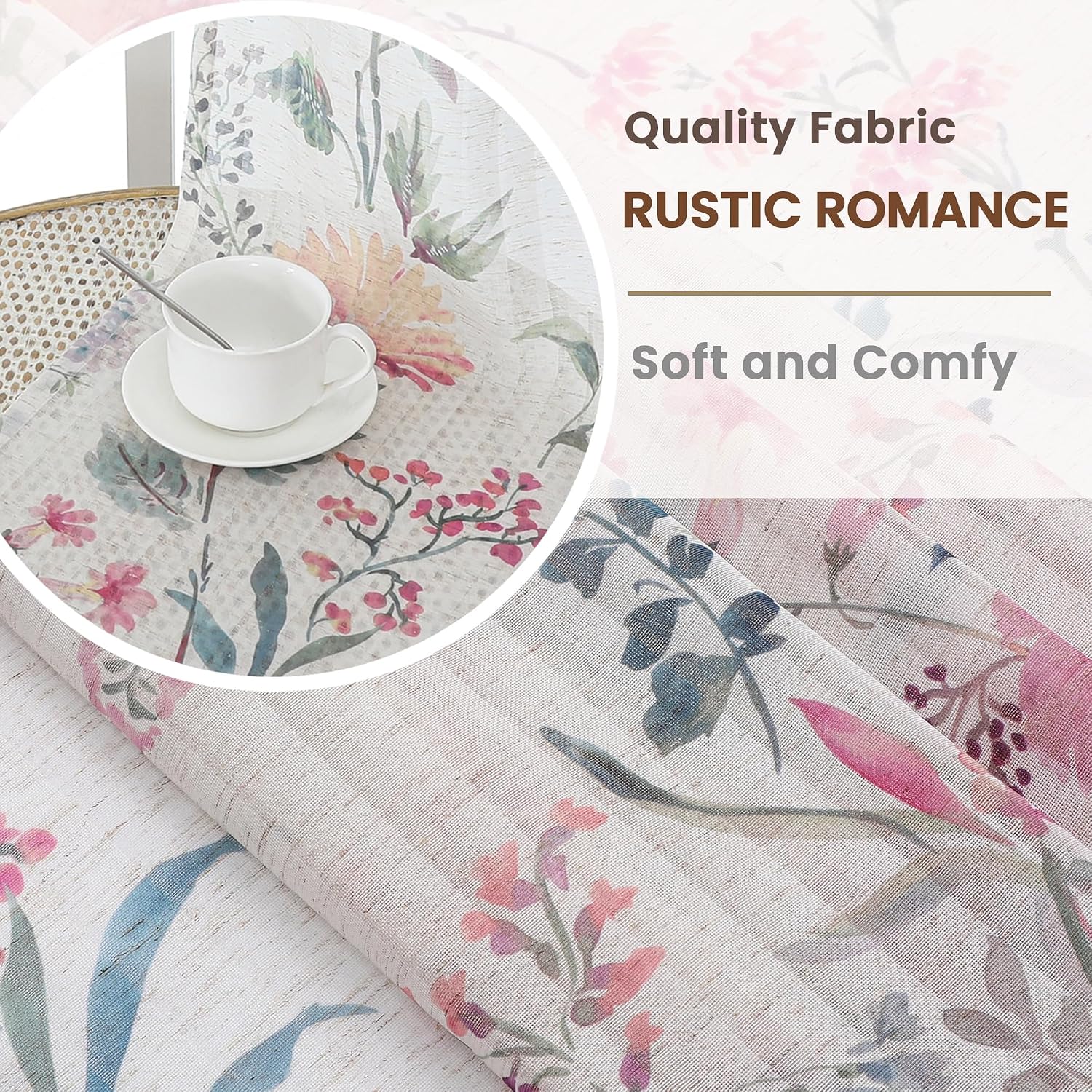 Pink Floral Sheer Curtains 84 Inches Long 2 Panels, Light Filtering Privacy Farmhouse Curtains for Girl's Bedroom, Rod Pocket Drapes for Living Room Dining Room, Each Panel 52" W x 84" L