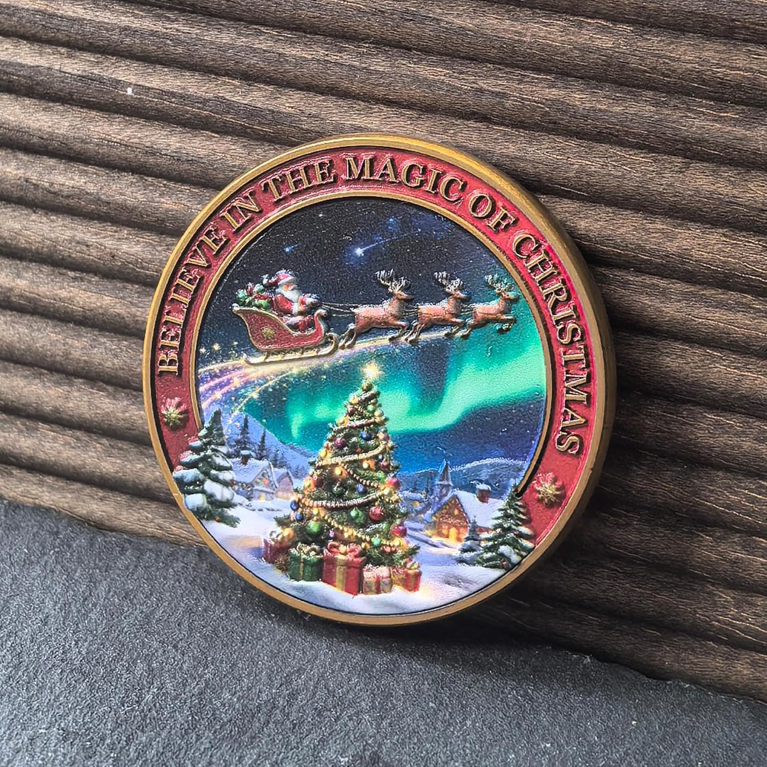 Santa Claus Christmas Challenge Coin with Protective Case - High Relief Zinc Alloy Holiday Collectible, “Believe in the Magic of Christmas” Keepsake Gift for Family & Friends (1.57")