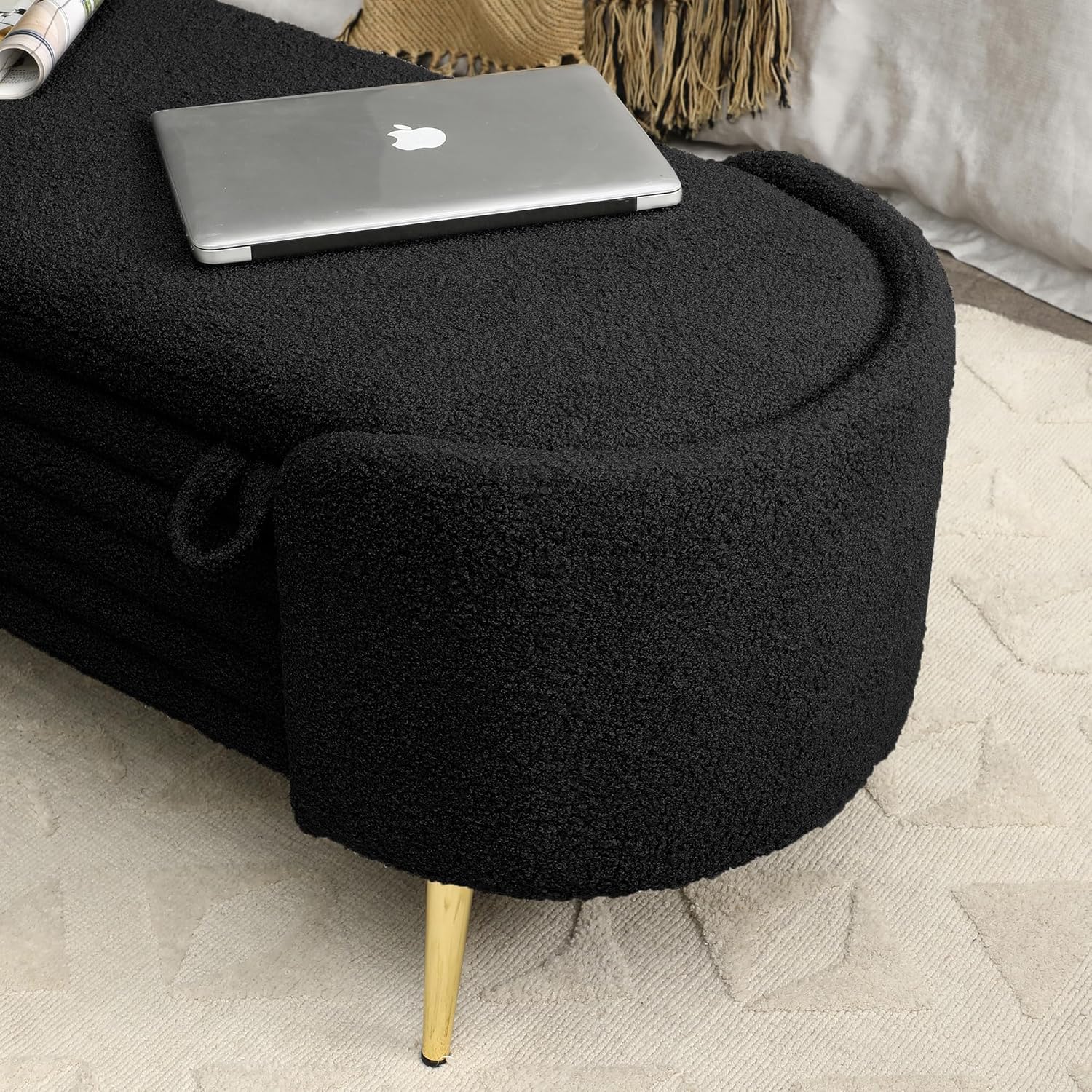 HMFULE 47.6'' Modern Storage Ottoman End of Bed Bench Upholstered Sherpa Fabric Shoe Stool Toy Storage Long Bench for Bedroom Living Room Entryway(Black)