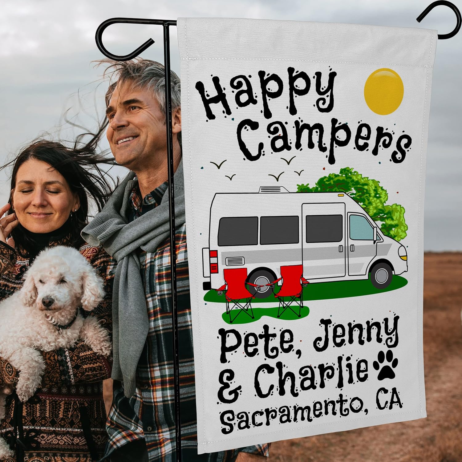 Personalzied Camping Flag Features White Class B Motor Home Graphic with Happy Campers and 3 Additional Lines of Your Custom Text, Printed on White Fabric