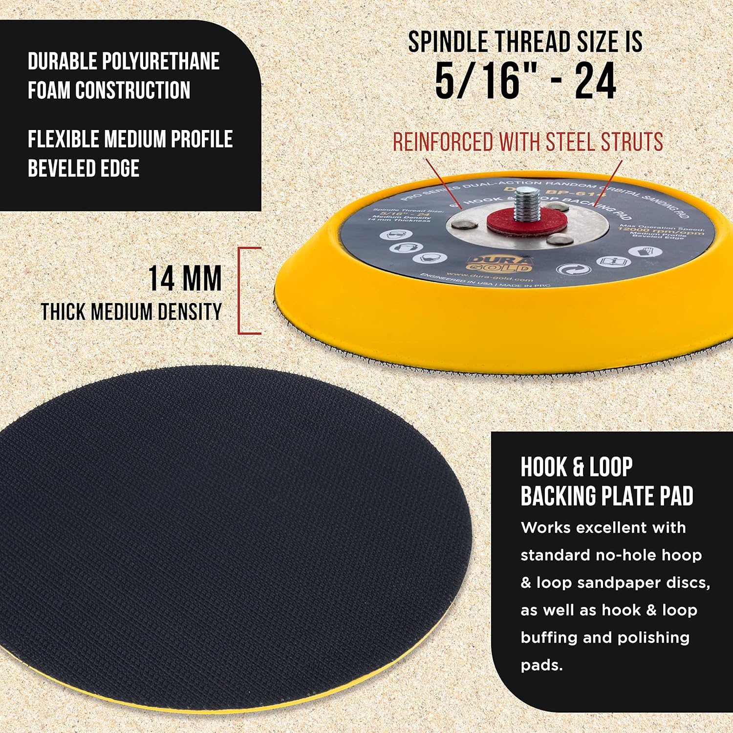 Dura-Gold 6" Gold Sanding Discs - 40 Grit & 6" Hook & Loop DA Backing Plate