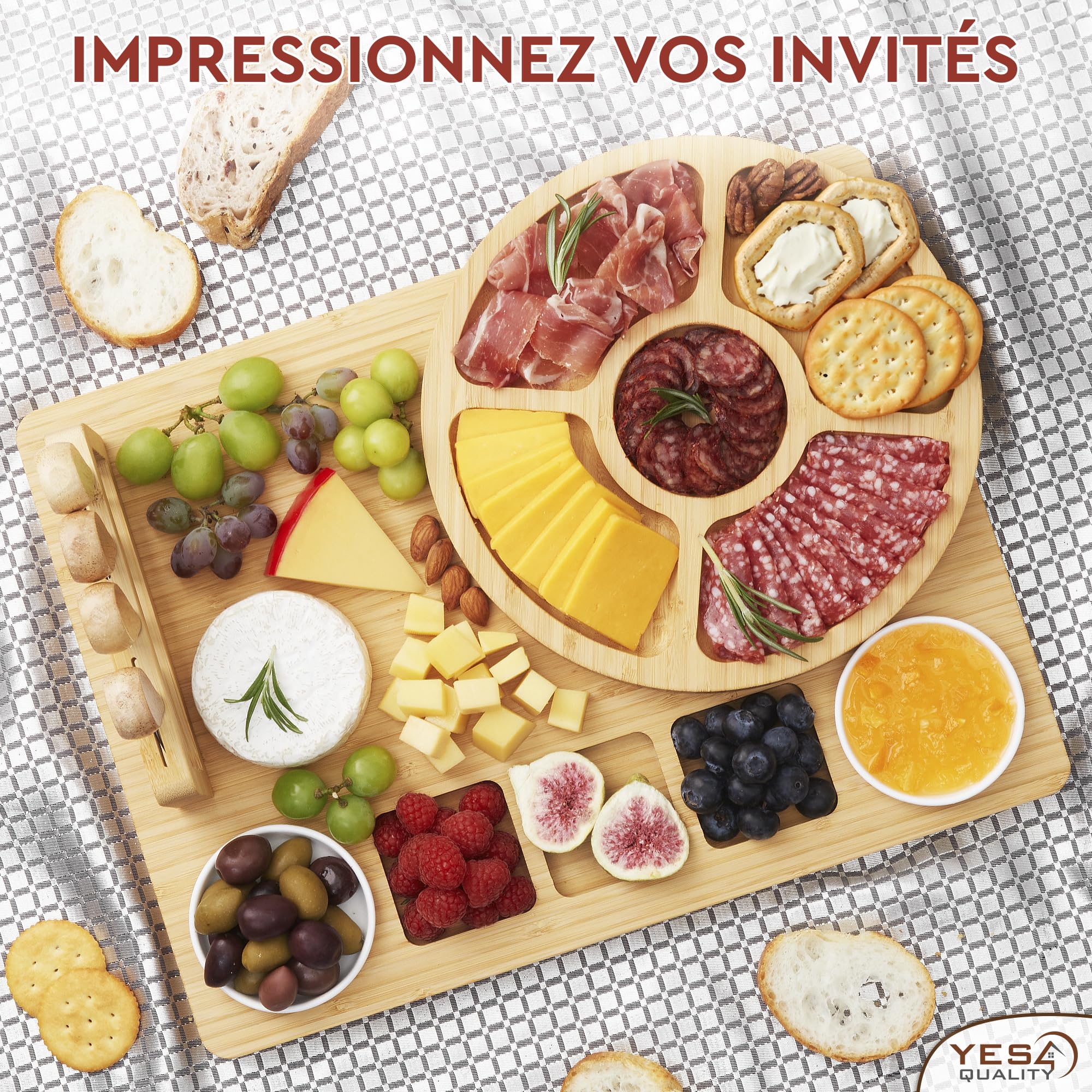 Coffret cadeau de planches à charcuterie de luxe - 15 pièces, bambou - Grande planche à fromage + plateau pour la fête des Mères, un anniversaire, une pendaison de crémaillère, une fête prénuptiale