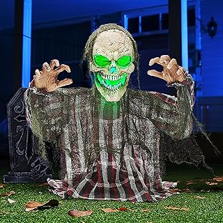 JOYIN Halloween Animatronics Decorations Outdoor, Animated Zombie Groundbreaker Outside Decor, 25’’ Groundbreaker Skeleton Prop with Moving Arms & Green Light, Lawn Yard Haunted House Graveyard Decor