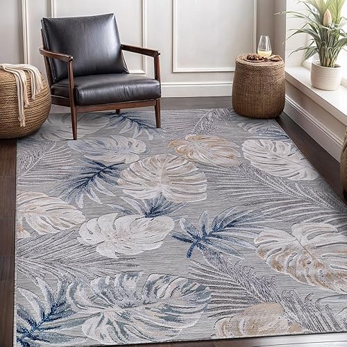 Miniatura 10 de CAMILSON Alfombra para Interiores y Exteriores, Alfombras de Área Azules 5x7 con Hojas Tropicales Botánicas para Patios Interiores y Exteriores,