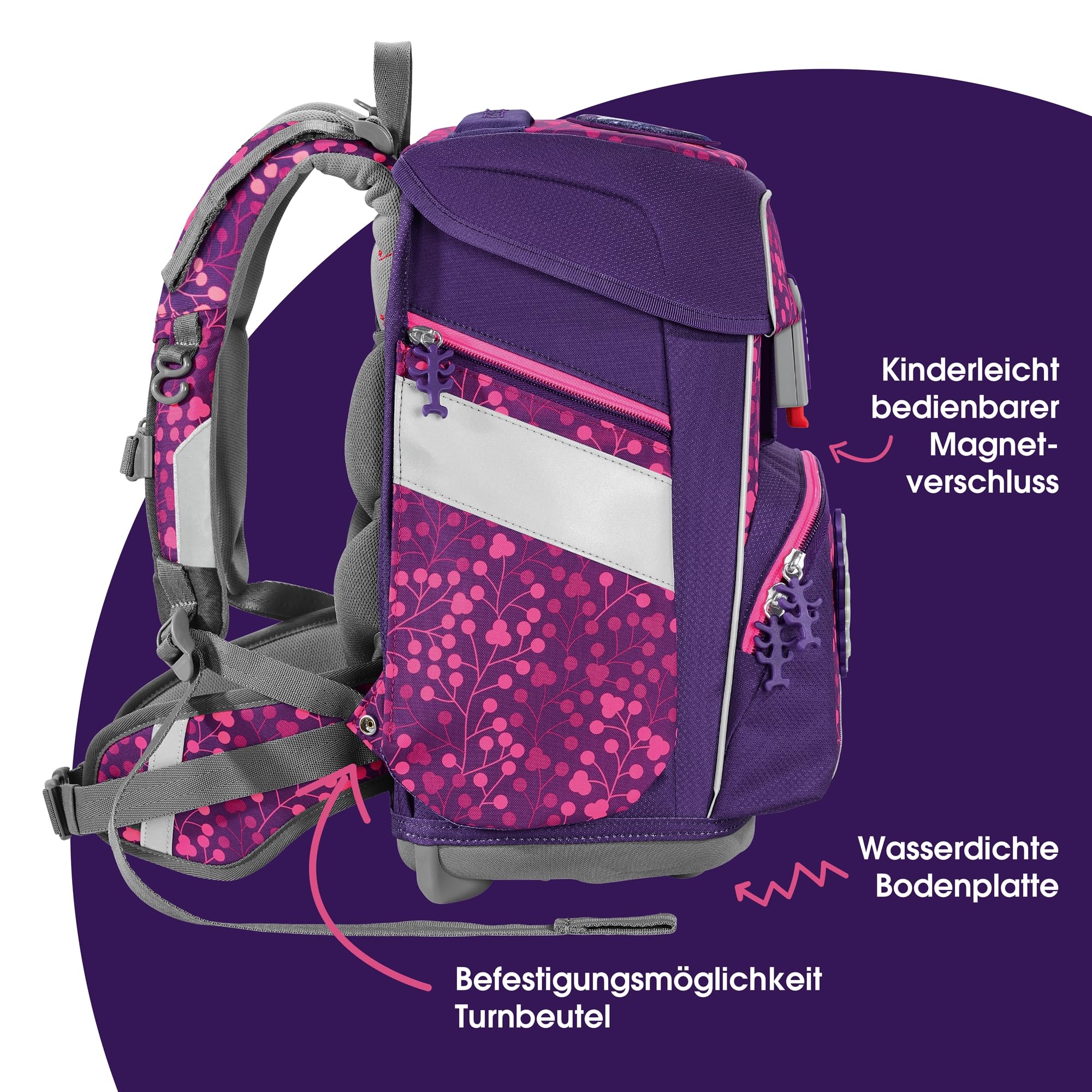 Step by Step Schulranzen-Set Space Shine Butterfly Night Ina, 5-teilig, lila, ergonomischer Tornister mit Reflektoren, höhenverstellbar mit Hüftgurt, ab der 1. bis 4. Klasse, 20l