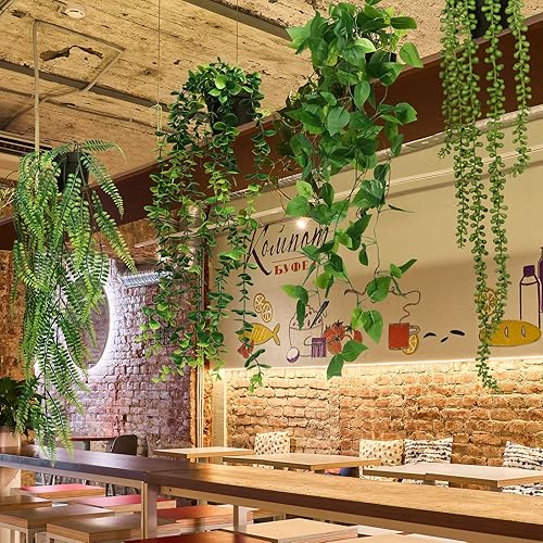 Miniatura 4 de Jexine 8 plantas colgantes artificiales con maceta, plantas falsas en maceta, plantas falsas de plástico, plantas falsas de eucalipto sintético,