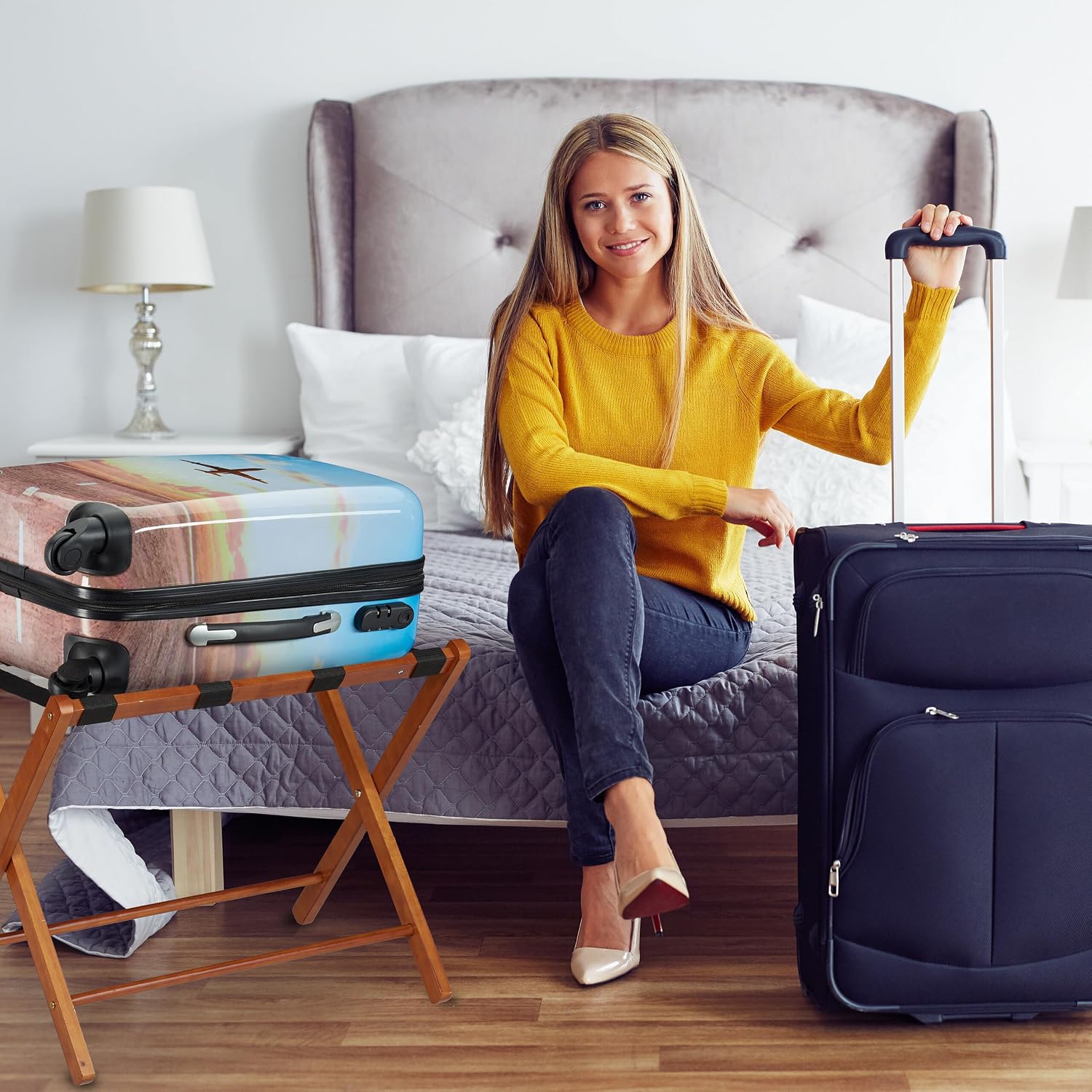 Relaxdays Luggage Stand, 80% wood, 20% plastic, Natural, 54 x 66 x 48 cm