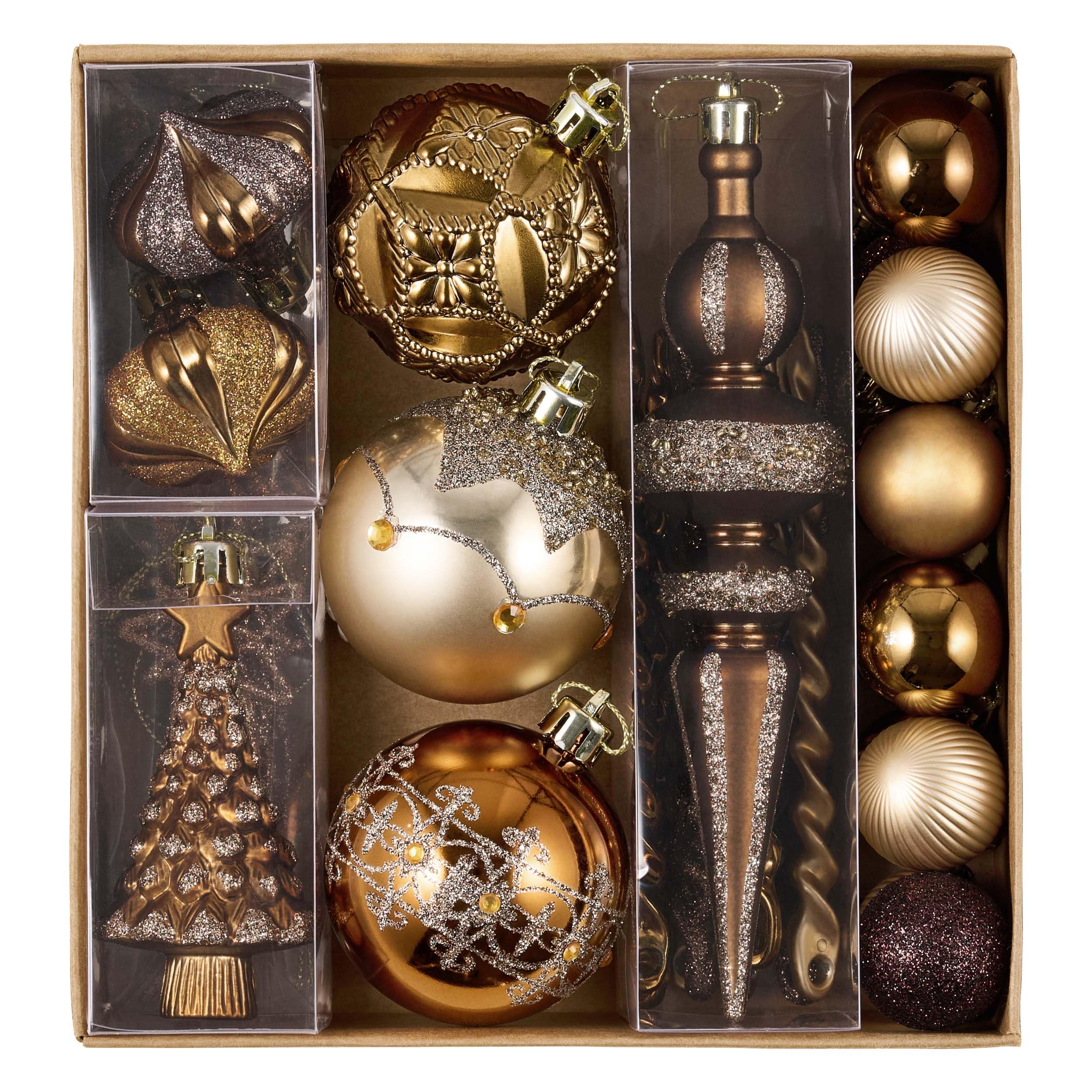 Kit de 35 boules de Noël luxe bronze et doré pour illuminer votre sapin festif en famille