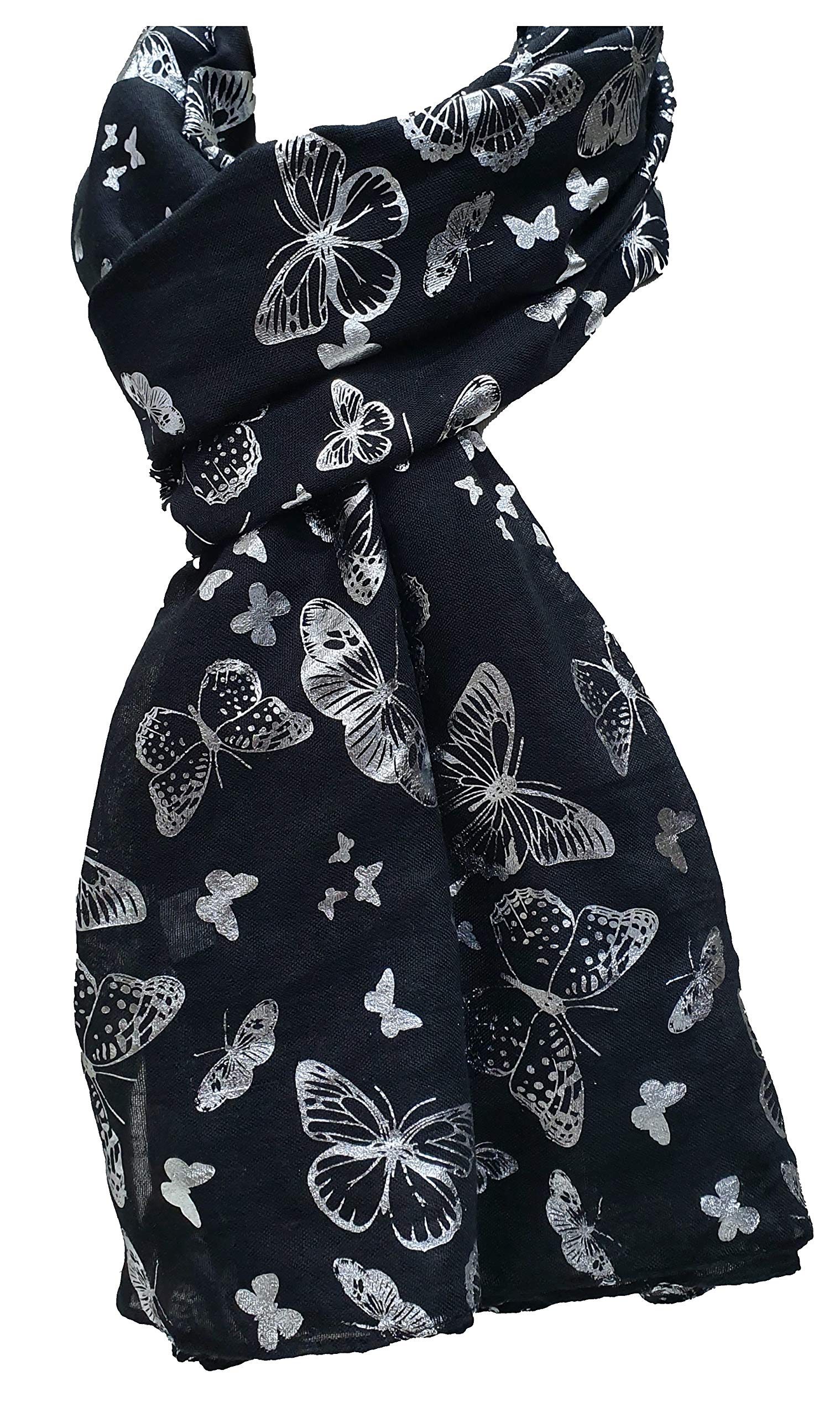 World Of Shawls Women's Black With Silver Foil Butterfly New Butterfly Print Celebrity Style Scarves Maxi, Scarf, Wrap, Sarong, Shawls (Black With Silver Foil Butterfly)