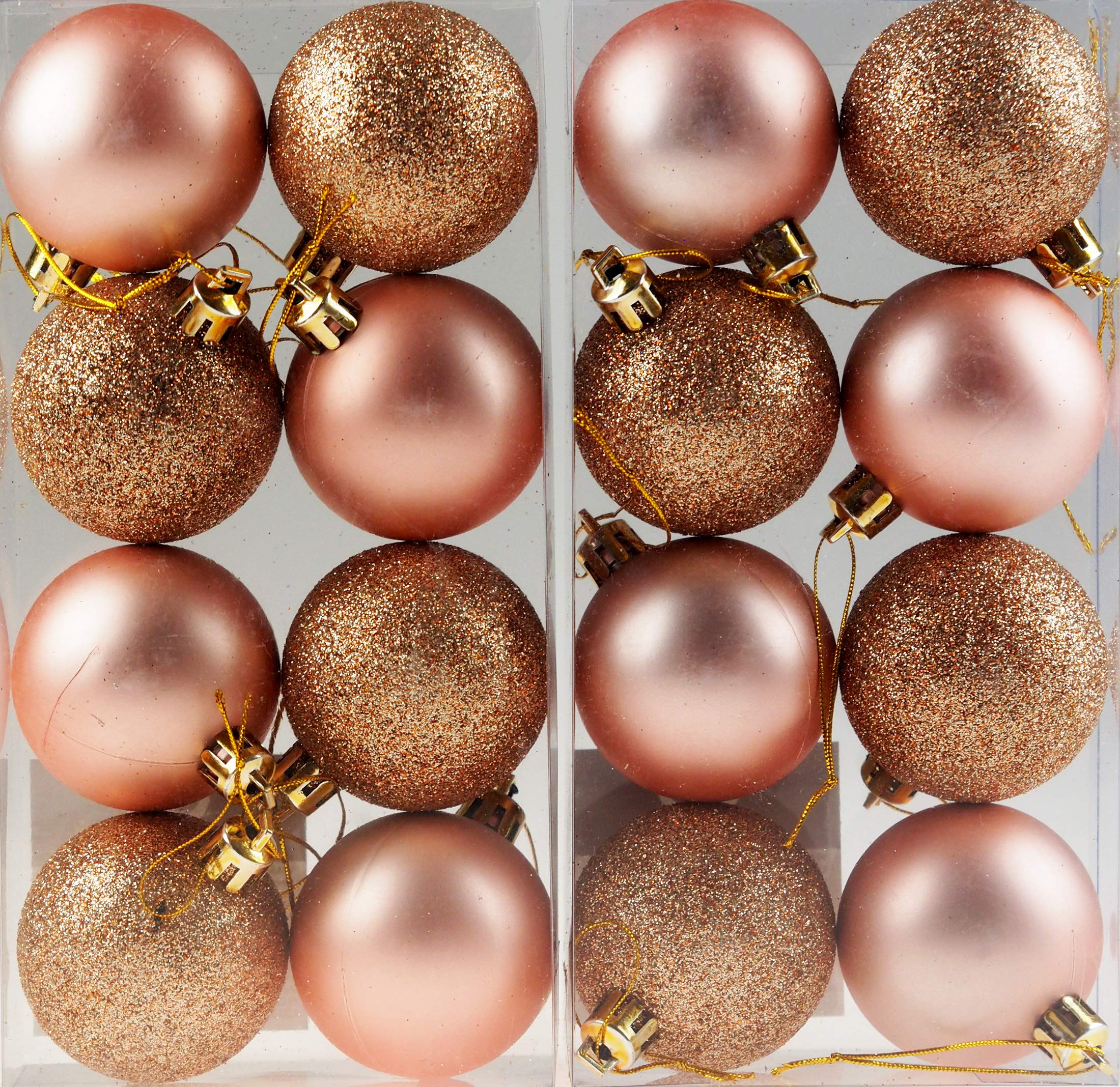 BWG Rose Gold Christmas Tree Baubles Decorations - Set of 16, 5cm Round Baubles - Modern Style - Plastic & Glass - Christmas Occasion