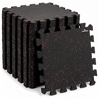 Leeway Interlocking Gym Mats for Floor | EPDM (Set of 4, 10mm, 20"x20") Black with Red Flecks | Gym Floor Mat Rubber for Workout | Equipment Matt for Home | Rubber Tiles, Kids Rooms Puzzle Mate