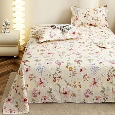 Story@Home King Size Bedsheet | Cloud Cotton Flatsheet King Size with Two Pillow Covers| 300 TC | Super Soft Bed Sheet for King Size Bed | Floral Design (270 x 250 cm, Off White & Red) - Image 3