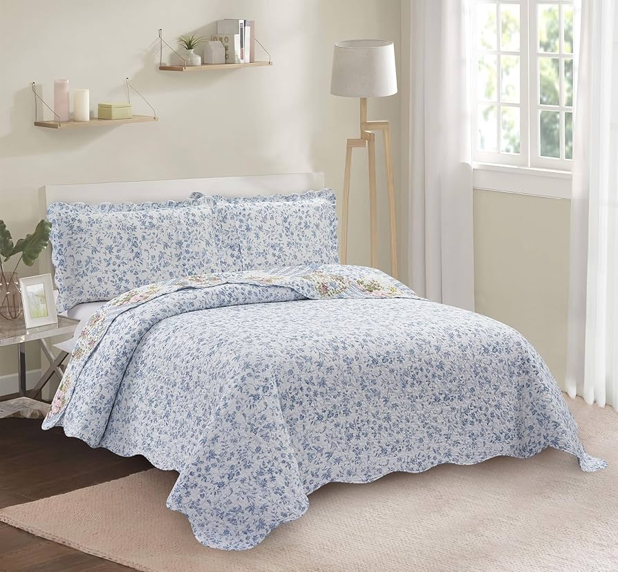 Cozy Line Home Fashions Blue Fleur-De-Lis Stylish Floral 3-Piece Aqua Blue Patchwork Cotton King Quilt Bedding Set BB- K-15003K - The Home Depot