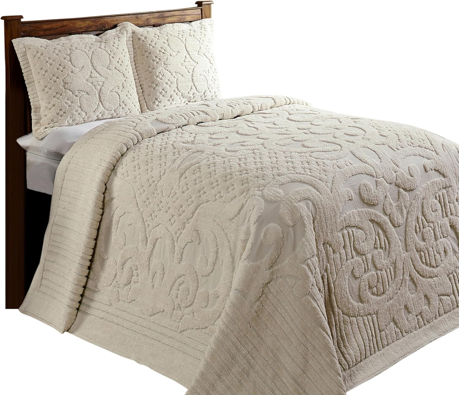 Better Trends Chenille Bedspreads Full/Double Size, Ivory 100% Cotton Chenille Medallion Design Tufted Bedding Coverlet Soft Lightweight, 96"x110" with 2 Sham, 3 Pieces Set Ashton Collection
