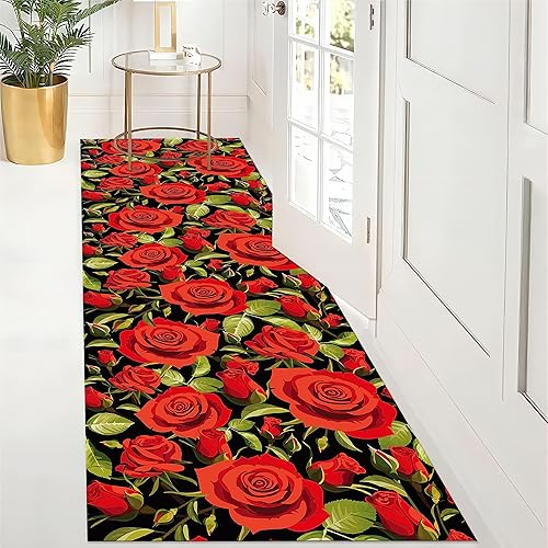 Miniatura 4 de Alfombra de pasillo con diseño floral de rosas, 2 x 10 pies, romántica con estampado de rosas rojas, alfombras de pasillo de gran área