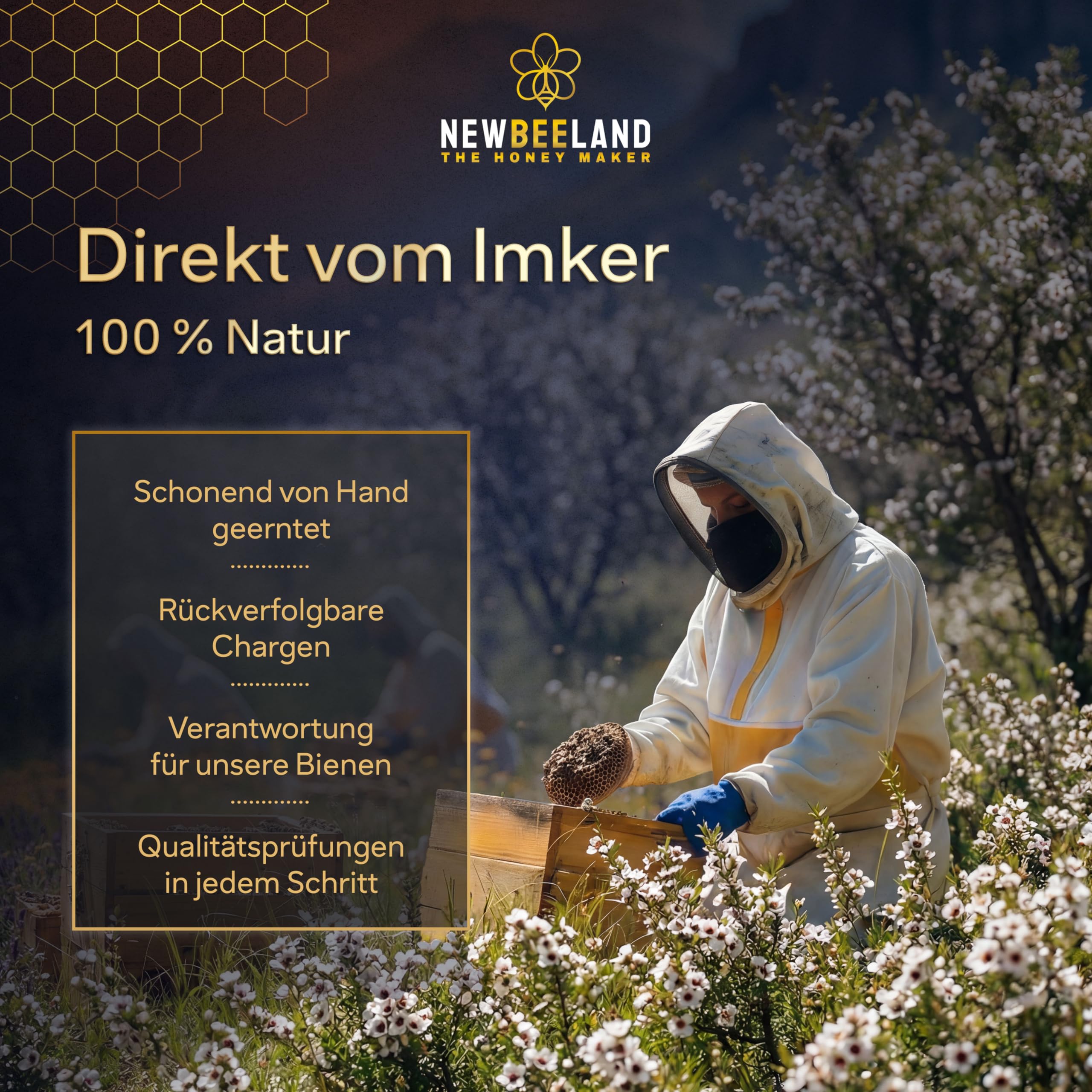 NEWBEELAND Manuka Honig MGO 1000+ Direktimport aus Neuseeland 250 Gramm | chargengeprüfter Methylglyoxal-Gehalt (MGO), Cremig-zähflüssige Textur, herber & kräftiger Geschmack, lichtgeschütztes Glas