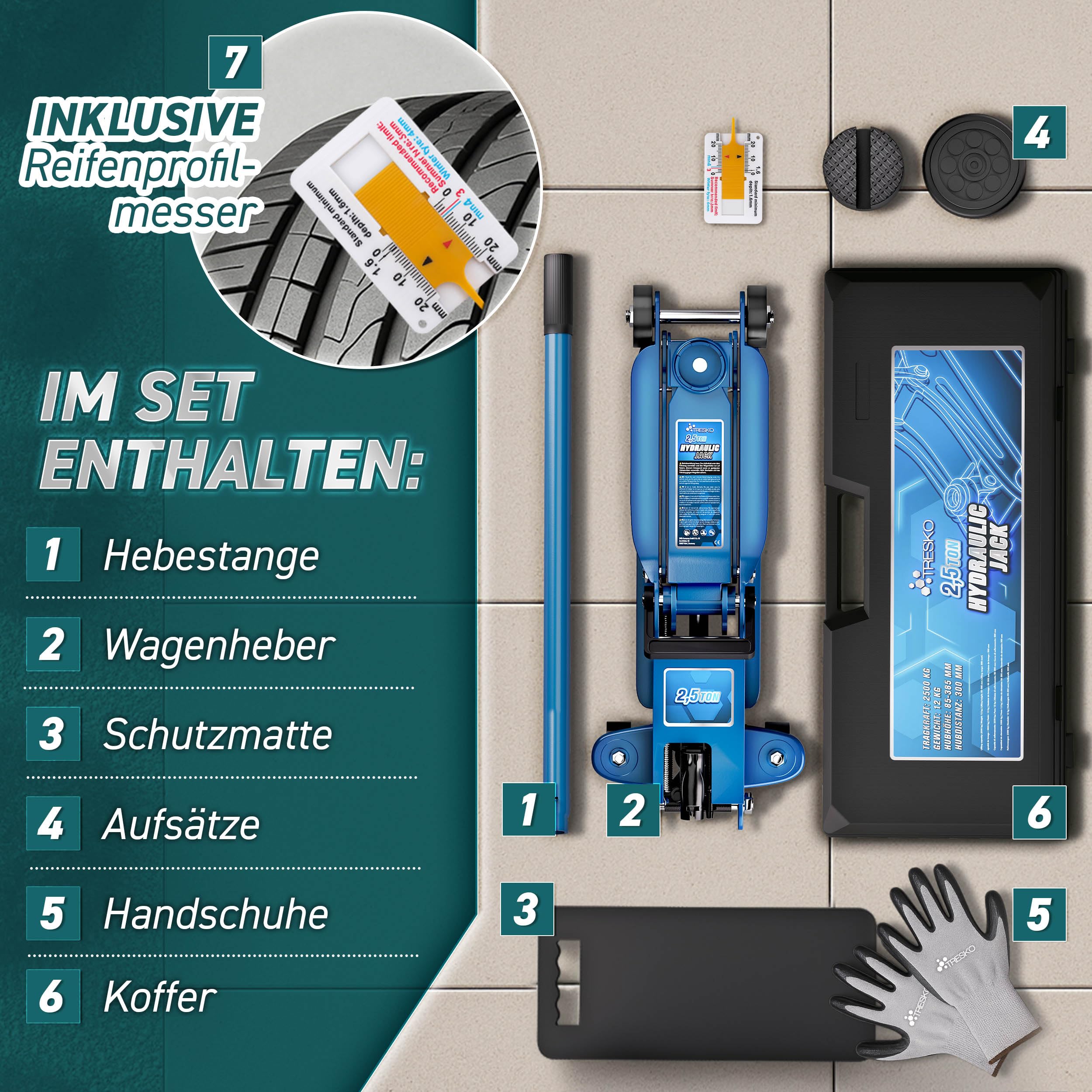 TRESKO® Wagenheber hydraulisch 2,5T Hubhöhe 85-385mm mit Koffer | Hydraulik KFZ Rangierwagenheber flach für tiefergelegte Autos - 360° Rollen inkl. 2X Gummiauflage, Kniematte, Handschuhe, Profilmesser