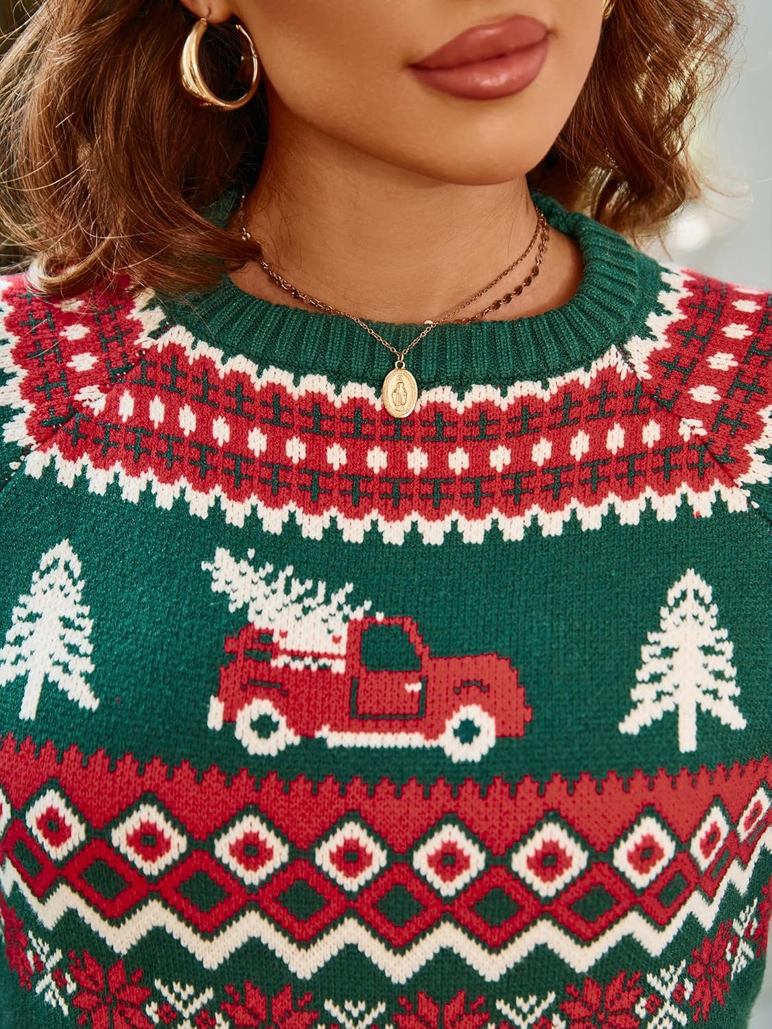 ZAFUL Women's Christmas Cedar Snowflake Trucks Patterns Knitted Sweater Long Sleeve Floral Printed Pullover Tops - Image 6