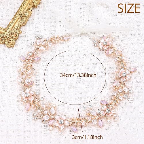 Miniatura 6 de Diadema nupcial de oro rosa boda diadema flores hojas diseño vid pelo con perlas y diamantes de imitación