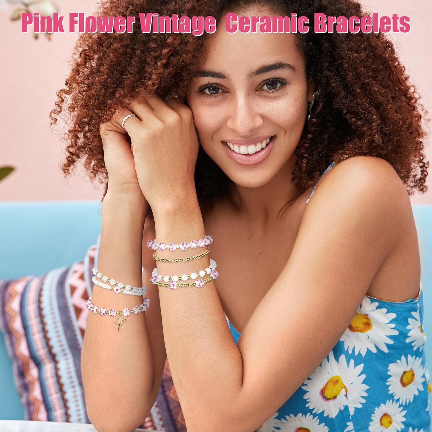 Y1tvei Vintage Ceramic Bead Bracelets - 7Pcs Coquette Wrist Bracelet Stretchable Chain Gift Supplies for Women - Image 5