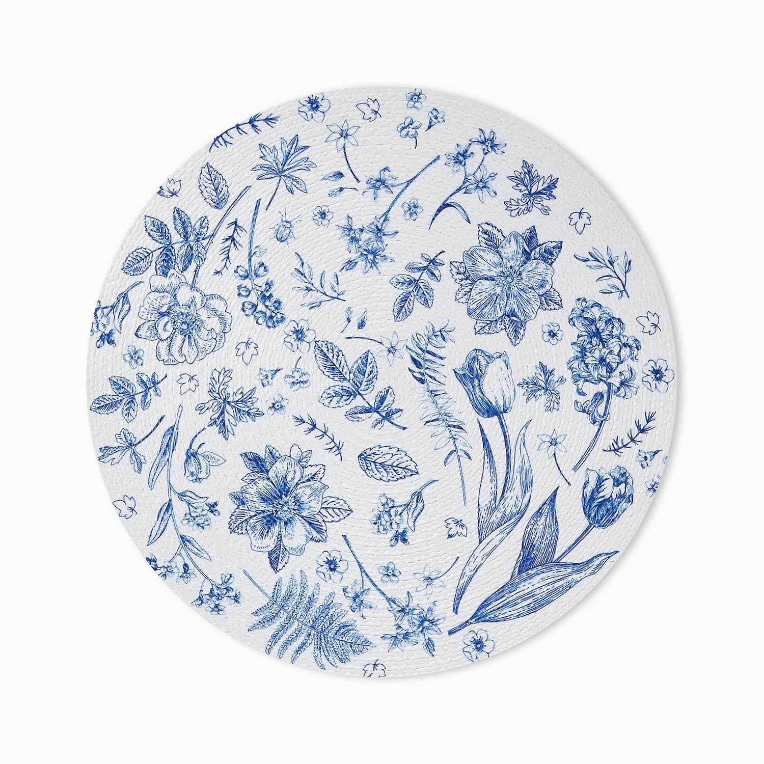Avanti Linens – Placemat Set, Woven Braided 100% Polyester Round Placemats, Blue Toile Floral Print, Kitchen & Table Linens, 15" x 15", Set of 4 (Ashford)