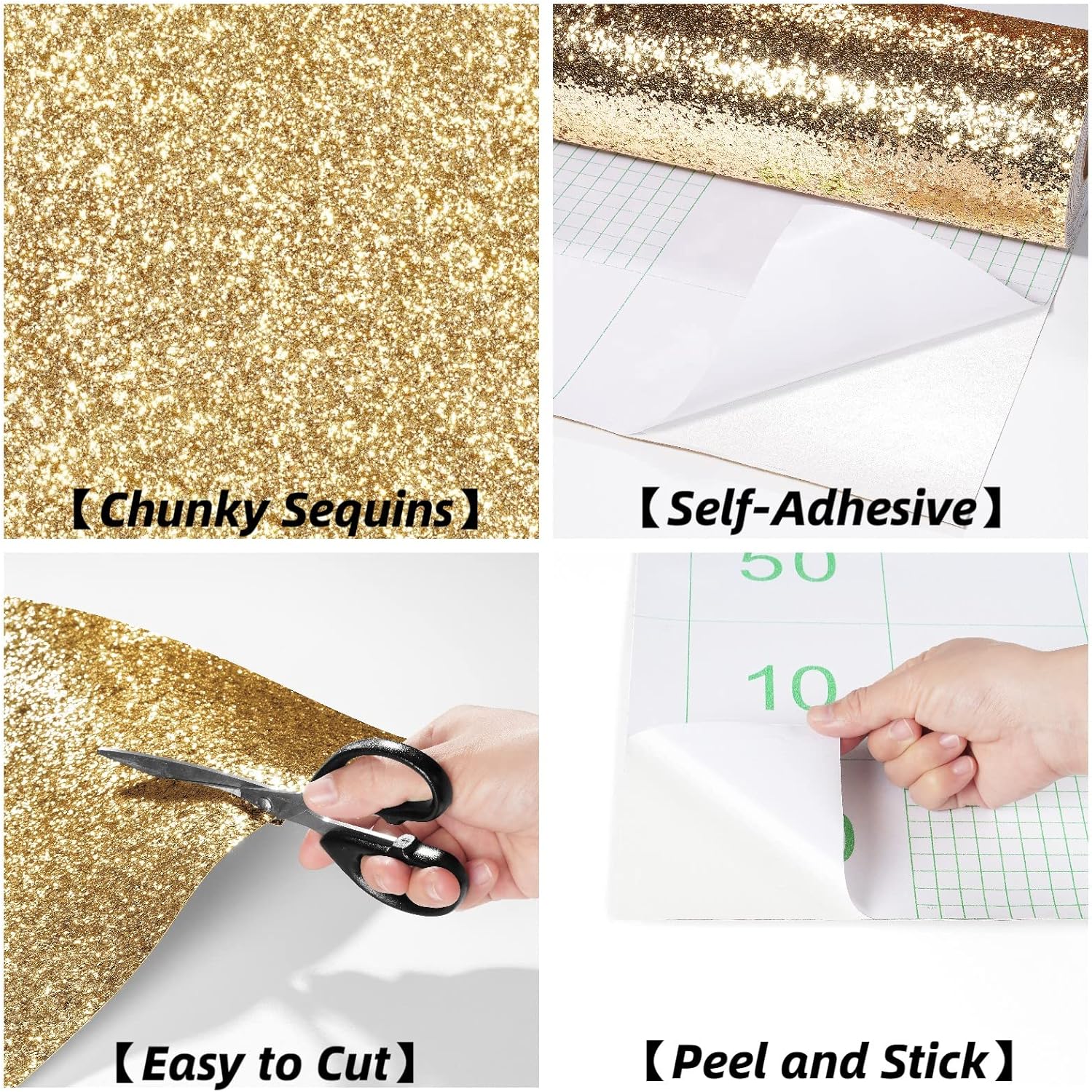 Decotalk 354"x17.7" Glitter Wallpaper Stick and Peel for Bedroom Gold Wallpaper Gold Glitter Wall Paper Removable Wall Covering for Bathroom Sparkle Contact Paper for Cabinets Chunky Sequins Vinyl