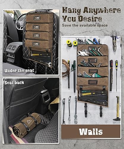 Miniatura 8 de Bolsa de herramientas enrollable de lona encerada al óleo vintage, 25 bolsillos con 5 bolsas grandes desmontables+1 rollo de herramientas, ventana