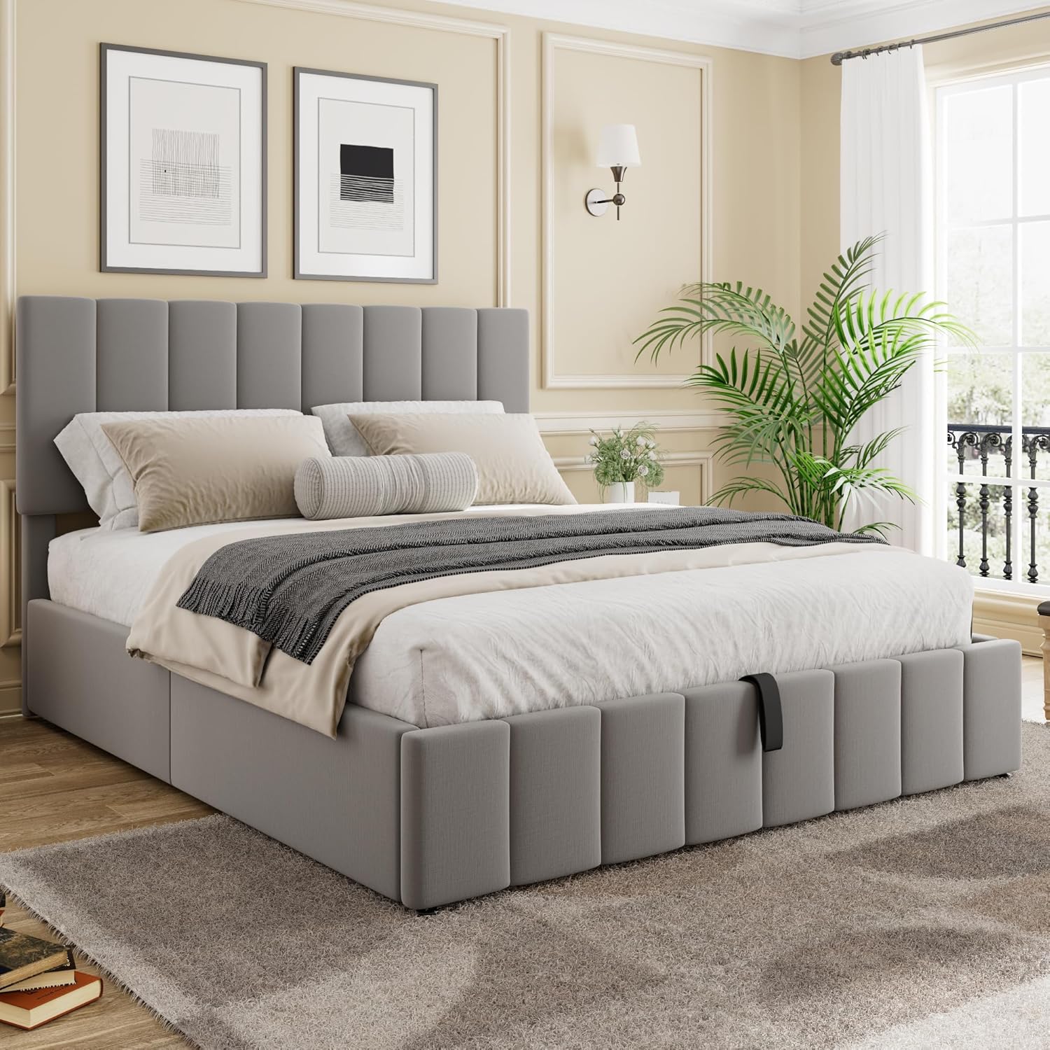 Merax Gas Lift Up Storage Platform Bed, Upholstered Bed Frame with Hydraulic Storage System and Wooden Slat Support, Queen Size, Gray