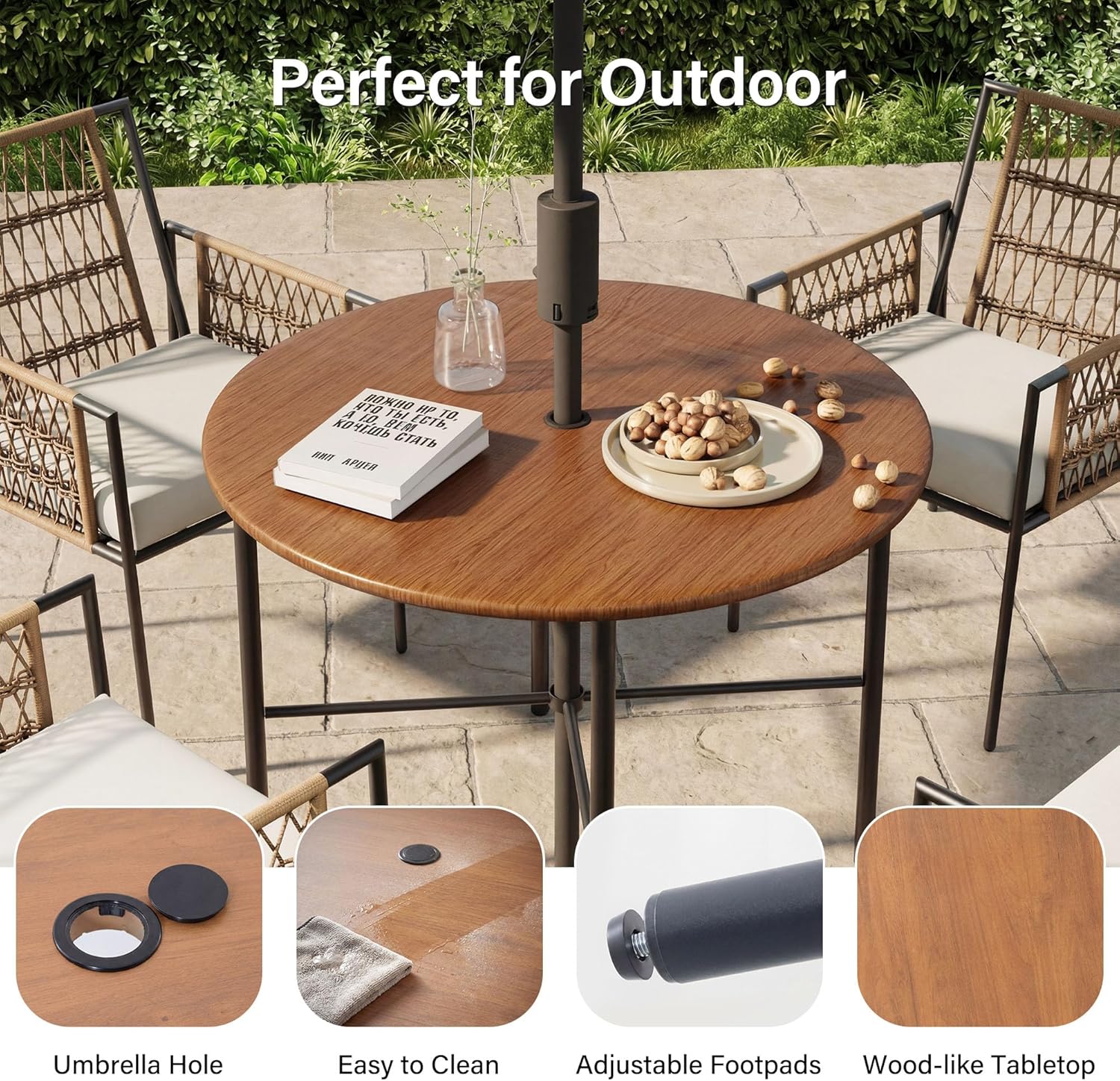 LAUSAINT HOME 5 Piece Outdoor Patio Dining Set, PE Rattan Patio Furniture Set with 4 Cushioned Armchairs & 1 Round Dining Table with Umbrella Hole, Steel Frame for Backyard, Porch, Poolside, Beige