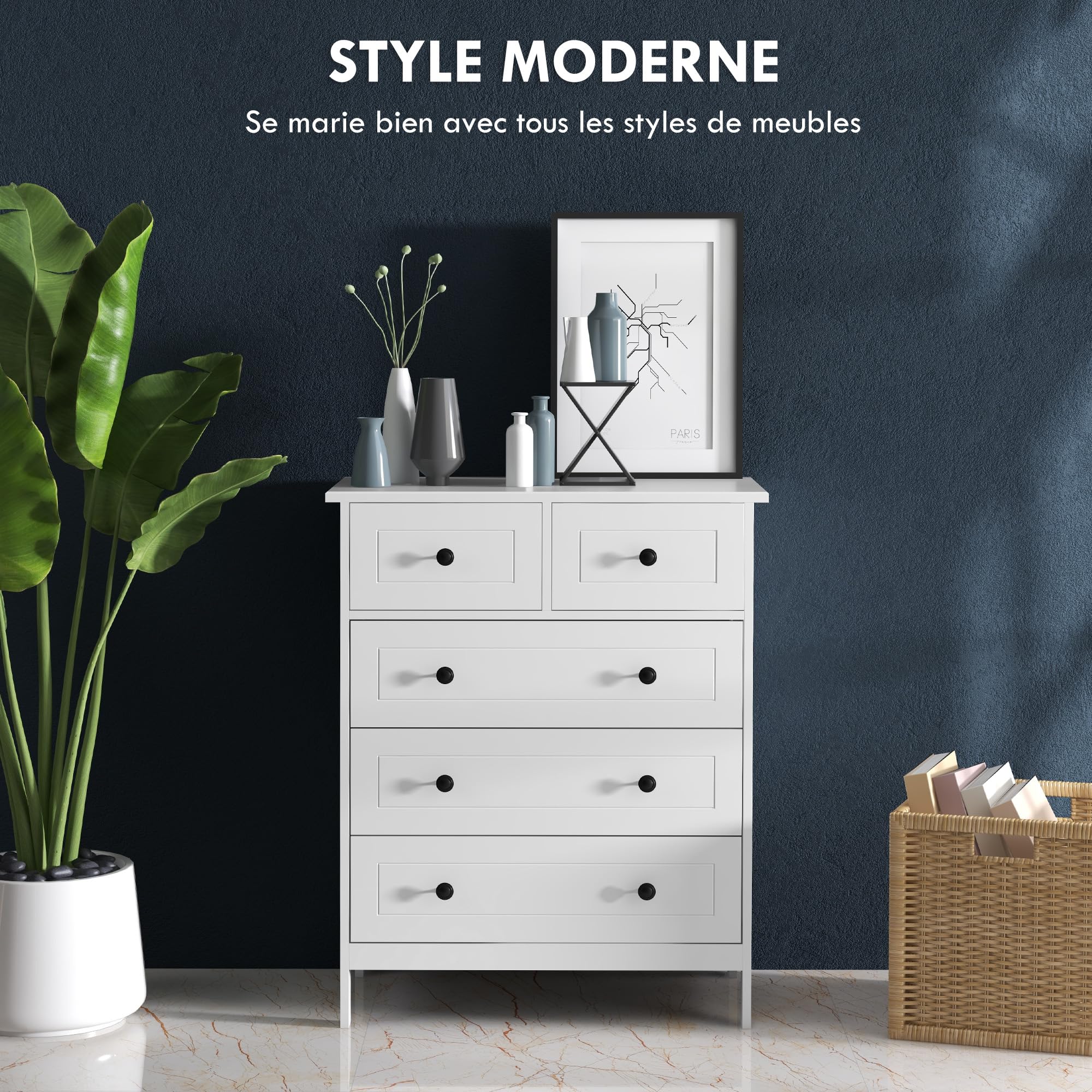 HOMCOM Cassettiera bianca con 5 cassetti, armadio portaoggetti per camera da letto, ufficio, ingresso, stile comtemporano, maniglia in metallo, 74 x 40 x 91 cm
