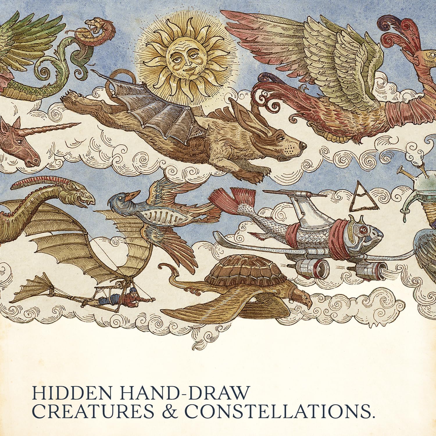 HUNGRY MINDS Portable Foldable Desk Lamp - Battery Operated Travel Lamp - Dimmable Touch Control & Adjustable Height - Hand-Drawn Illustrations - Warm Ambient Light