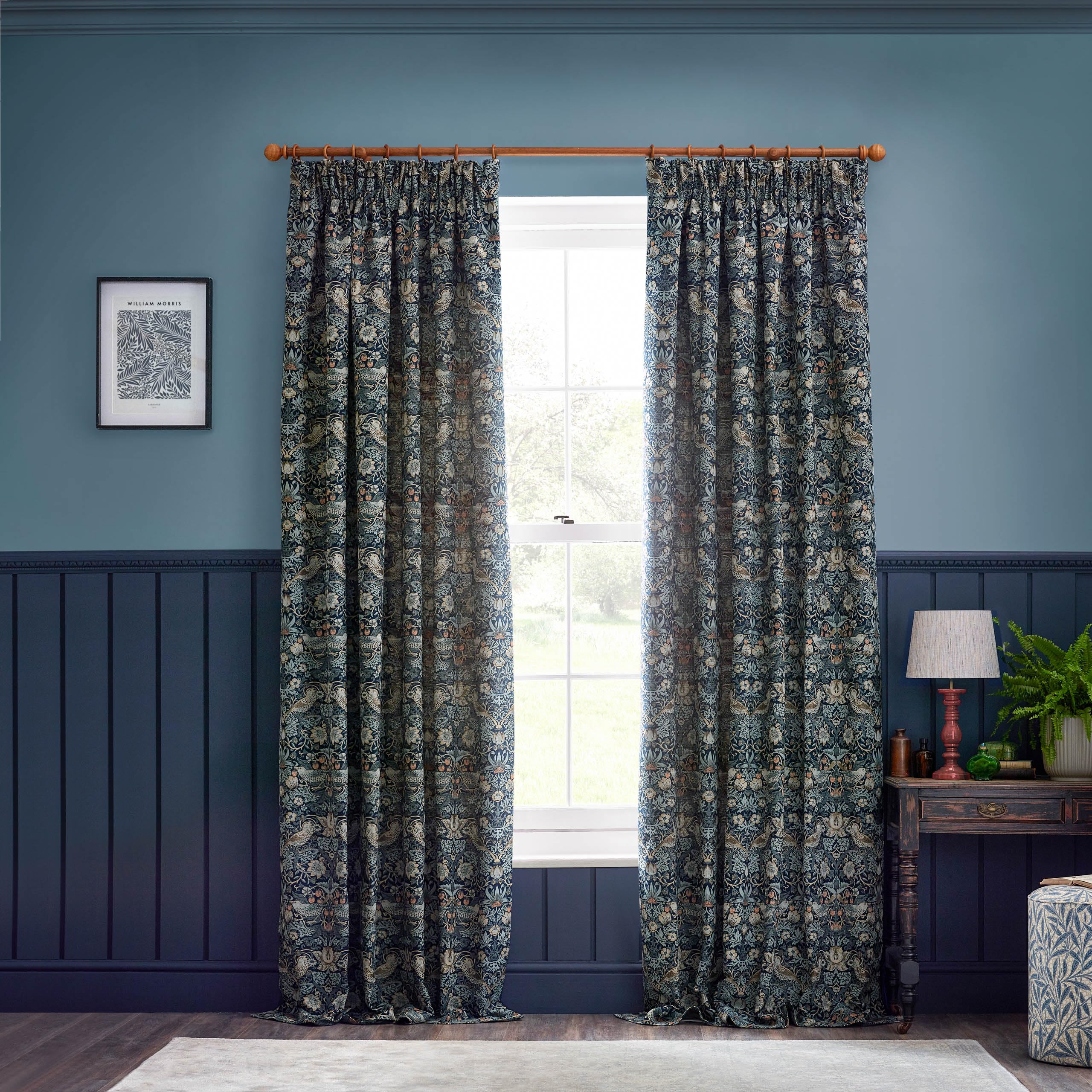 Morris & Co Strawberry Thief Jacquard Curtains - Indigo - 229cm Width x 183cm Drop - Room Darkening - Pencil Pleat