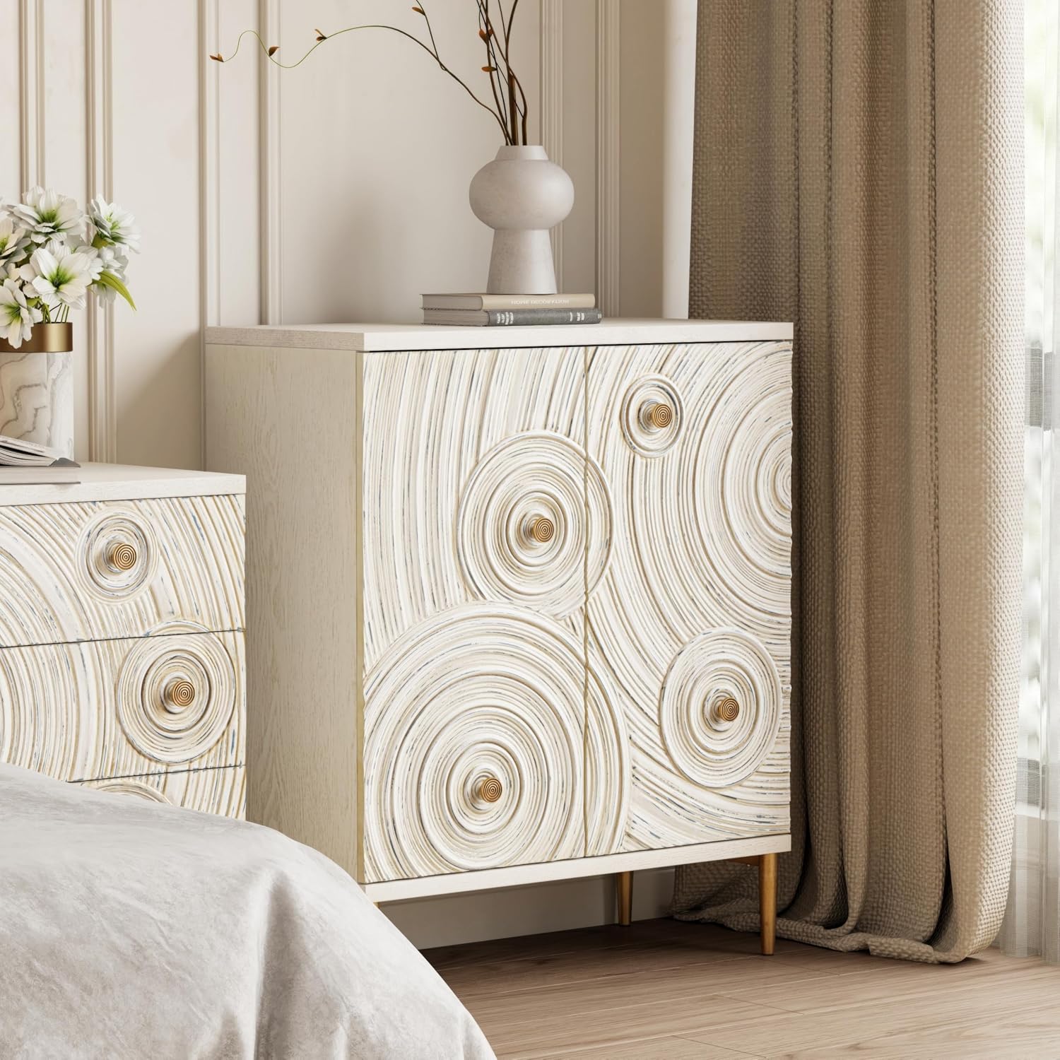 Aoikax Farmhouse 2 Door Embossed Storage Cabinet with Ring Motif, Distressed Boho Storage Cabinet for Bedroom, Living Room, French Country, White & Gold