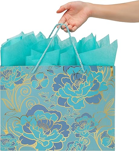 Miniatura 6 de Juego de bolsa de regalo grande de 13 pulgadas con tarjeta de felicitación y papel de seda (flores trazadas de aluminio) para celebrar cumpleaños,