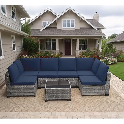 MOCHITO 7 Pieces Outdoor Patio Furniture Sets, All-Weather Sectional Sofa Grey PE Rattan Wicker Conversation Set with Glass Table and Washable Blue Cushions for Backyard,Sunroom,Garden,Porch