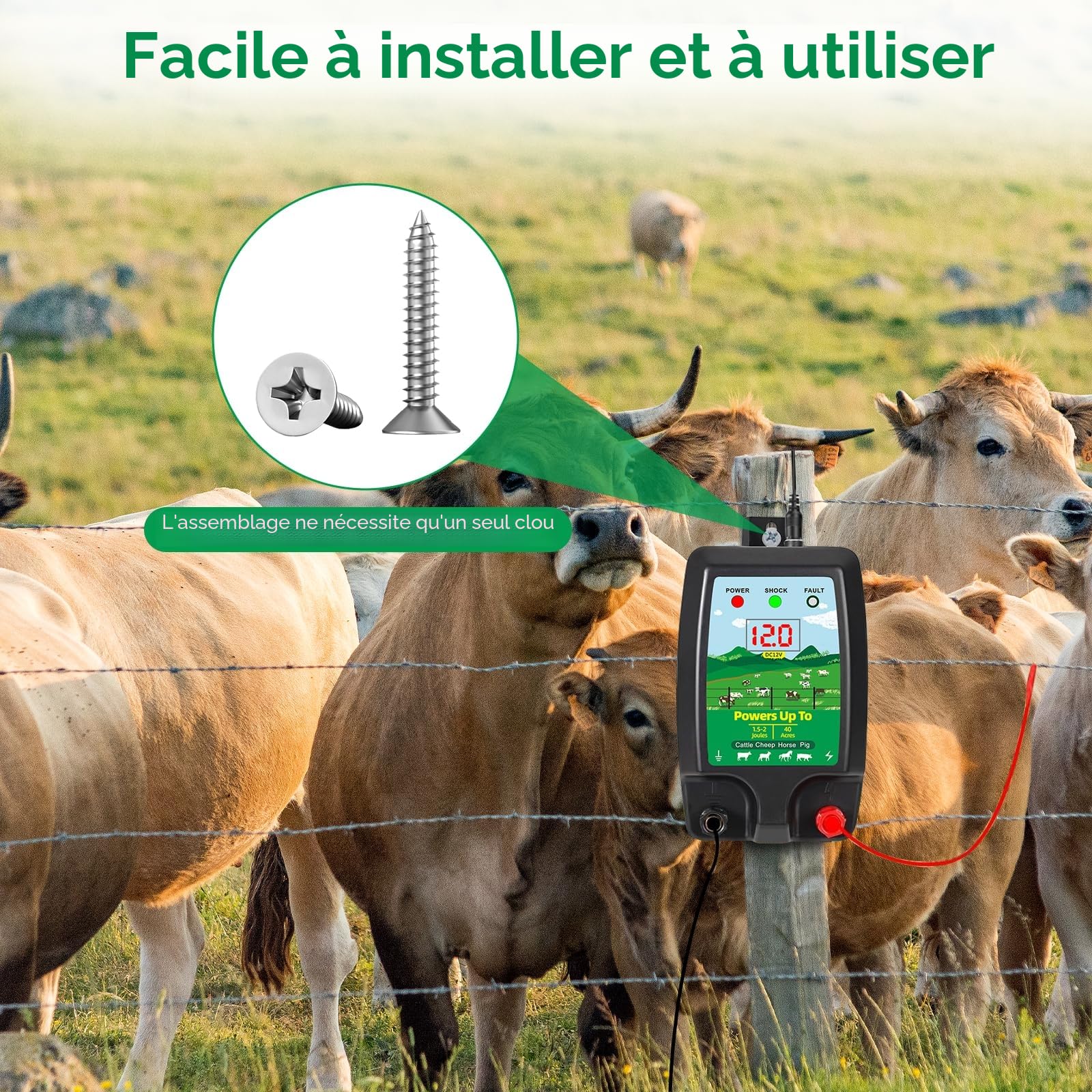 Dispositif de clôture électrique 12 V avec affichage LED, portée 15 km, 2 Joules, 12 kV, pour la protection des animaux de ferme, de la volaille, des pâturages et des jardins (B)