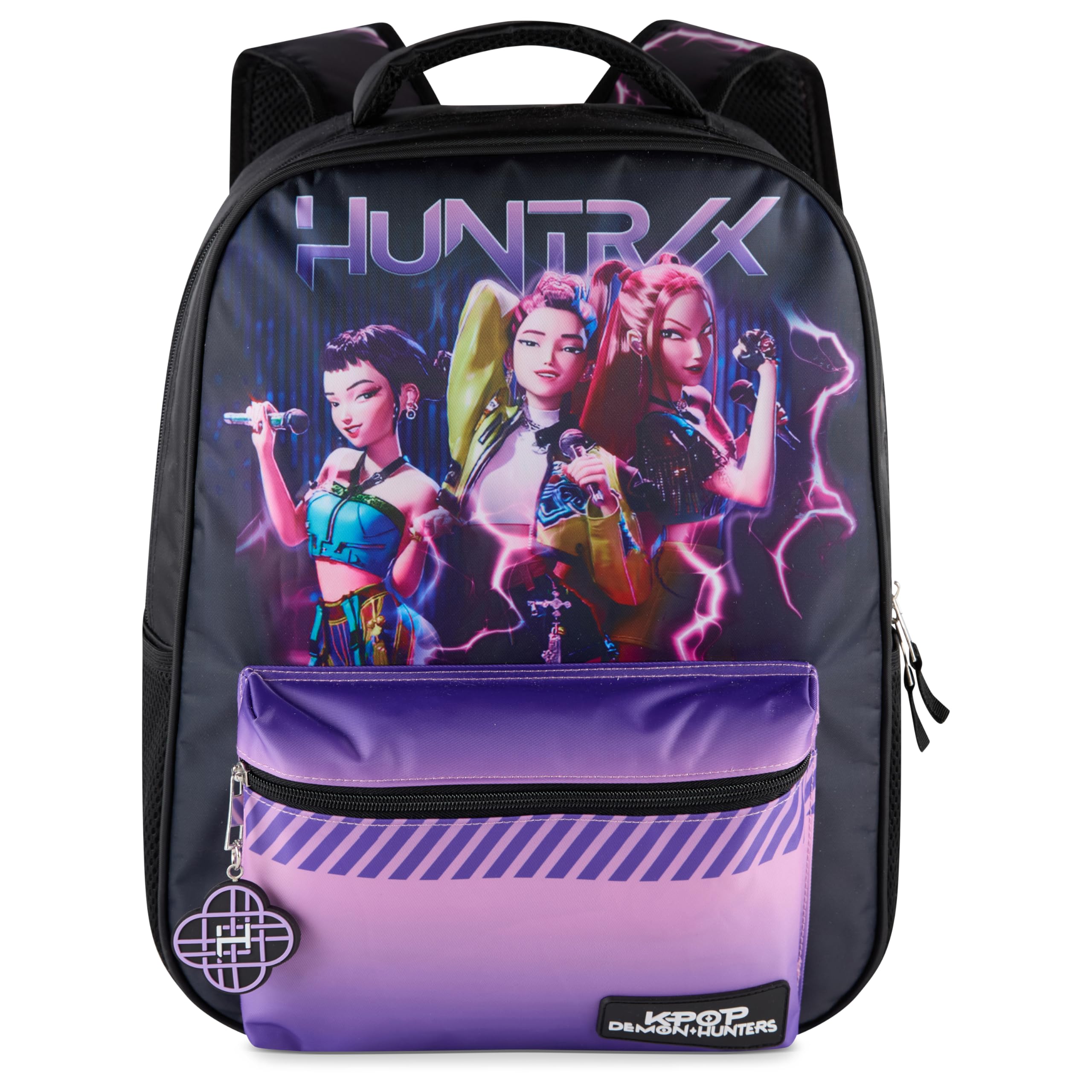 AI ACCESSORY INNOVATIONS K-Pop Demon Hunters Huntrix 16” Backpack for Girls, Featuring Rumi, Zoey, Mira, Rubber Molded Bag Charm, Huntrix