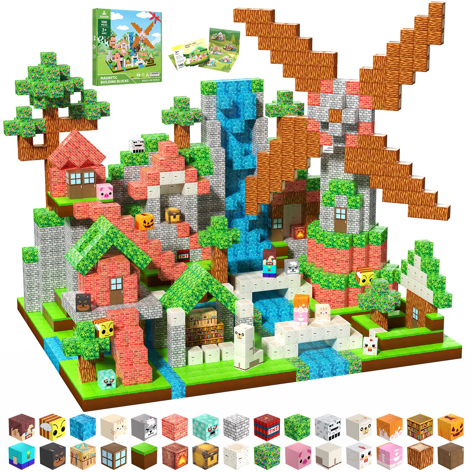 SSAWER Magnetische Bausteine Bauspielzeug 100 Pcs Magnetbausteine für Kinder Montessori Kreative Spielzeug ab 3 4 5 6 7 8 9 10 Jahre Junge und Mädchen Magnetic Blocks Geschenke für Kinder （Waldhaus）
